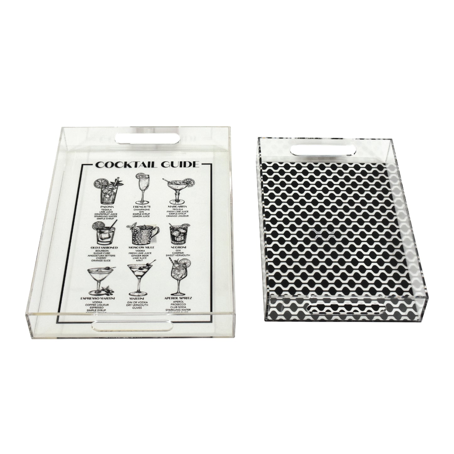 2-pc Acrylic Serving Tray Set with Handles - Cocktail Guide & Retro