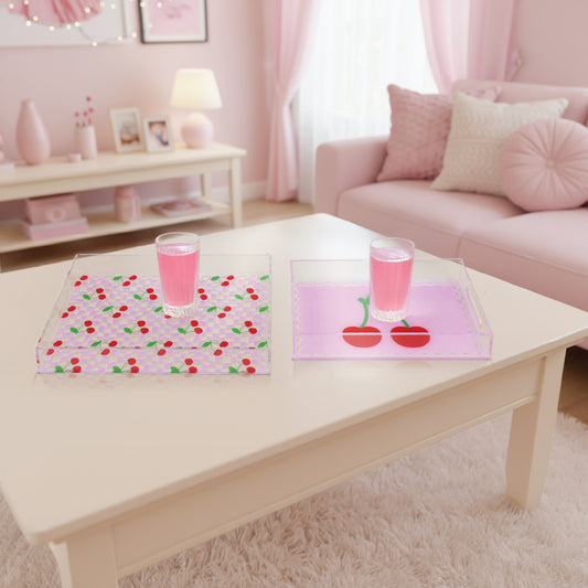 2-pc Acrylic Cherry & Pink Serving Trays with Handles - Decorative Set