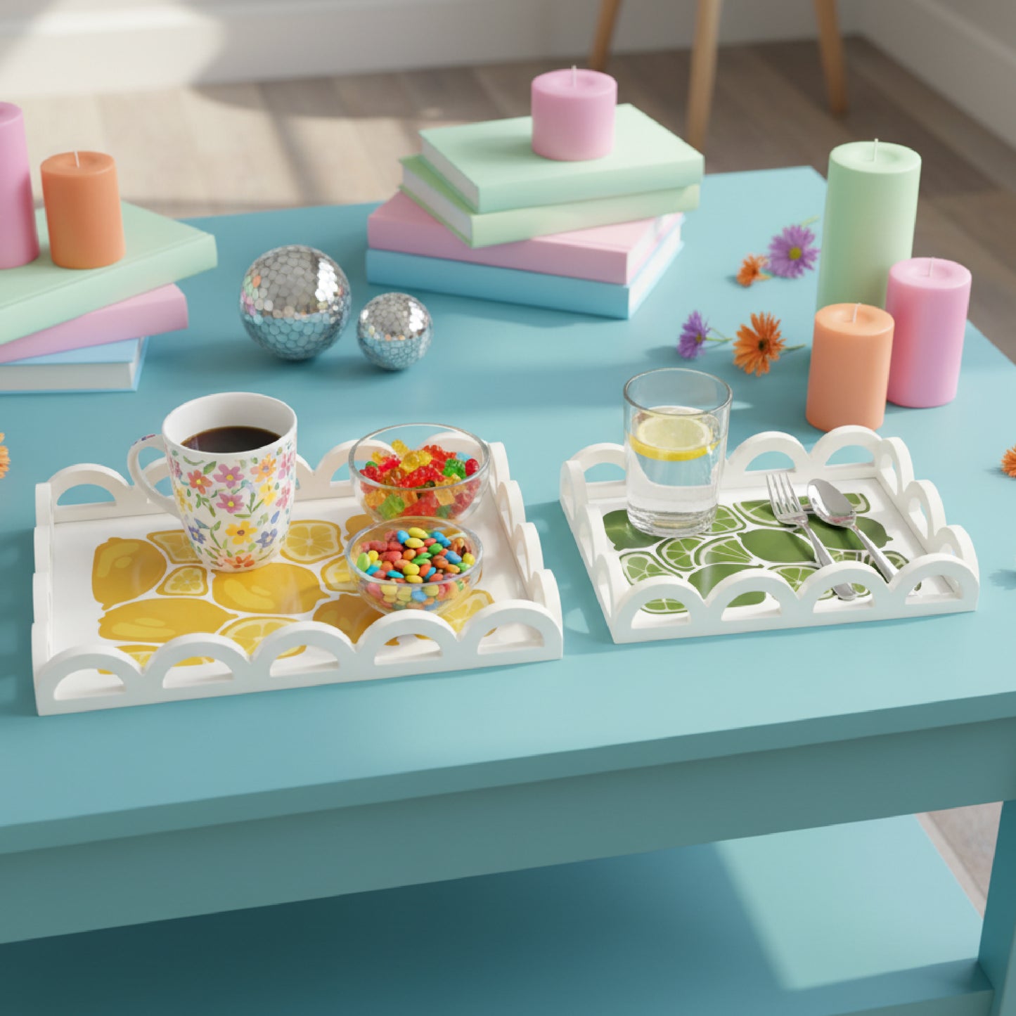 2-piece scalloped rectangle serving tray set with lemon and lime citrus print, decorative MDF trays for kitchen counter, coffee table, bathroom vanity, and desk organization