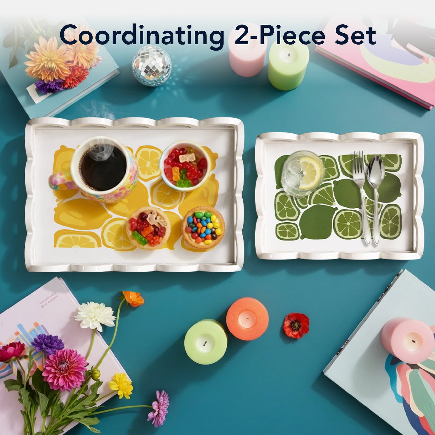 2-piece scalloped rectangle serving tray set with lemon and lime citrus print, decorative MDF trays for kitchen counter, coffee table, bathroom vanity, and desk organization