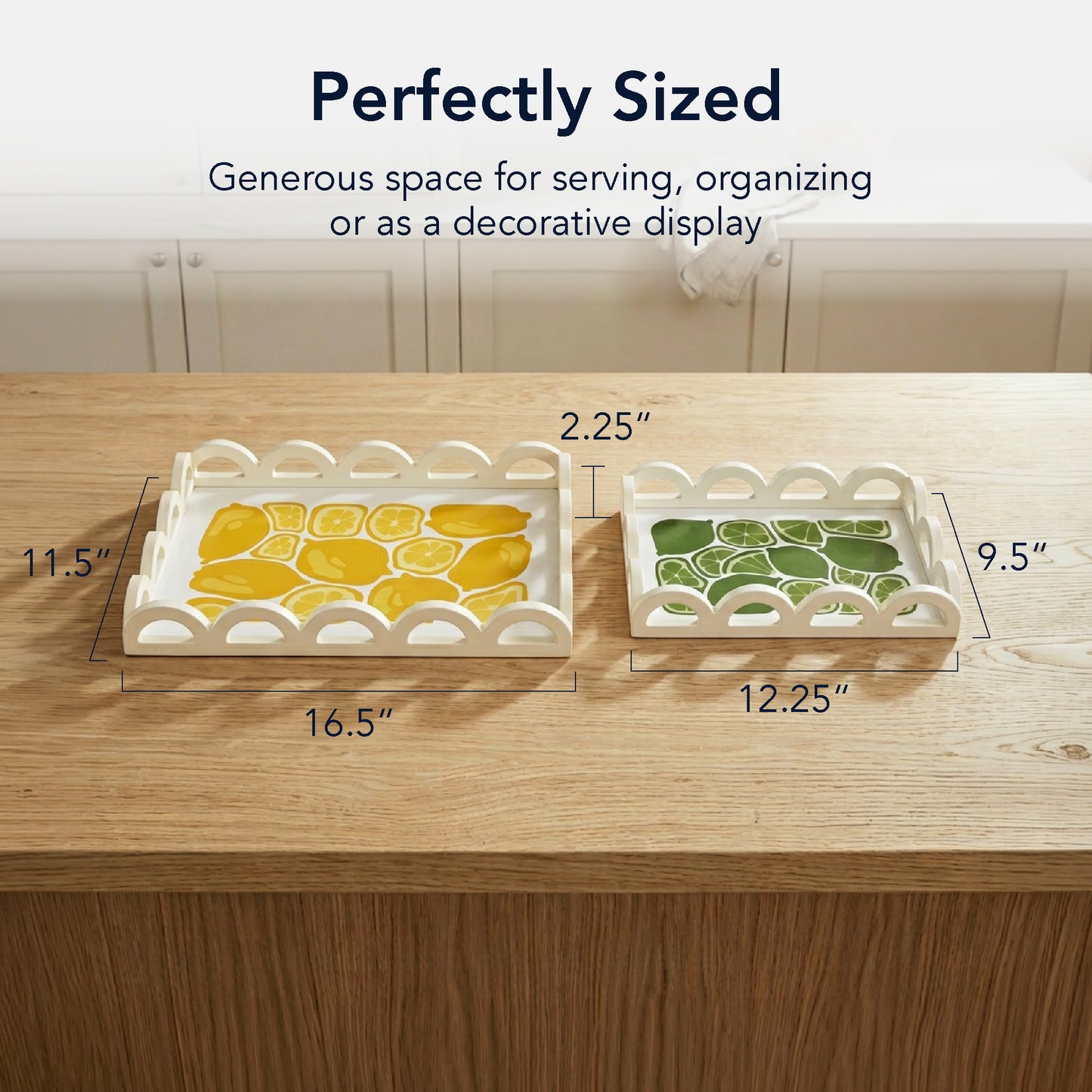 2-piece scalloped rectangle serving tray set with lemon and lime citrus print, decorative MDF trays for kitchen counter, coffee table, bathroom vanity, and desk organization