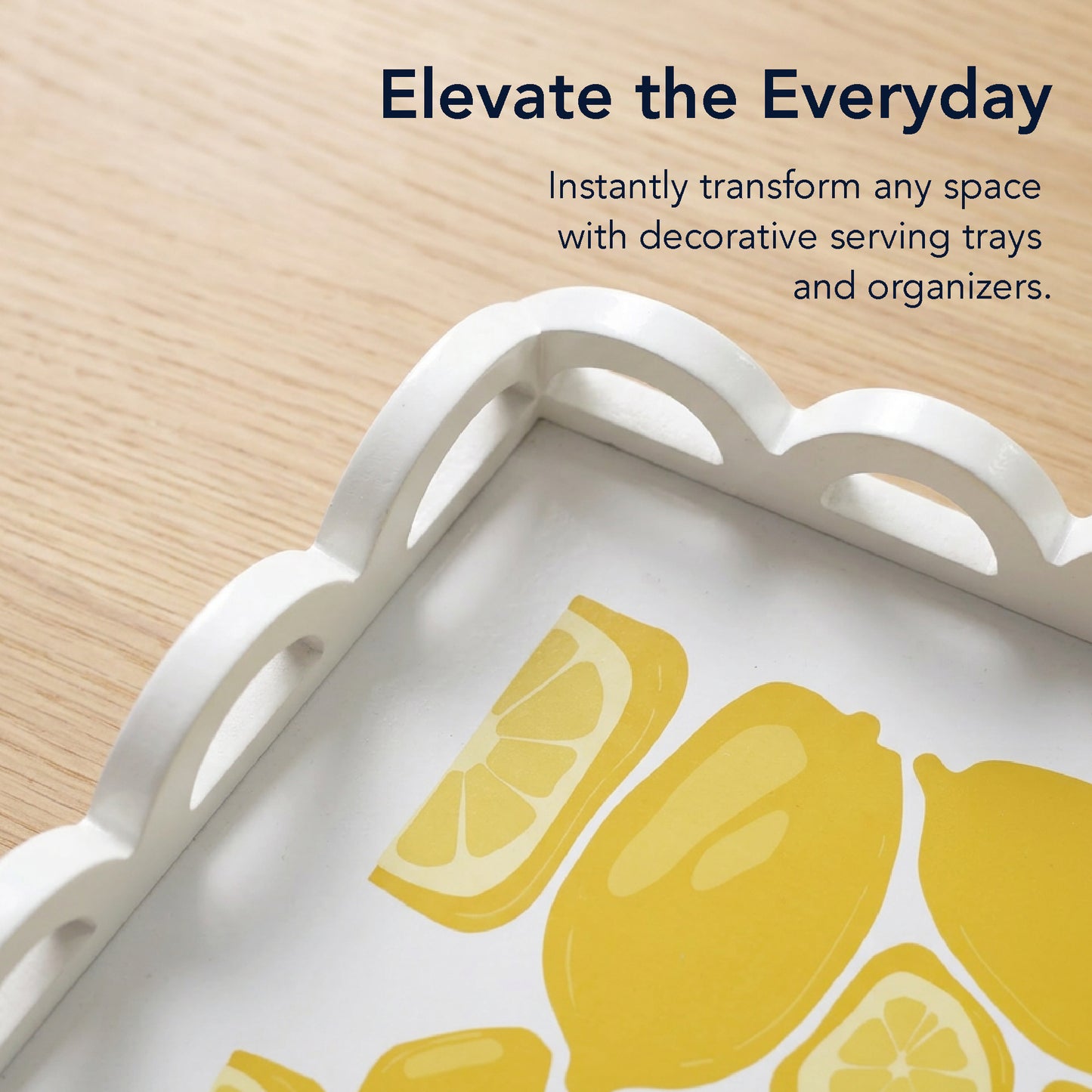 2-piece scalloped rectangle serving tray set with lemon and lime citrus print, decorative MDF trays for kitchen counter, coffee table, bathroom vanity, and desk organization