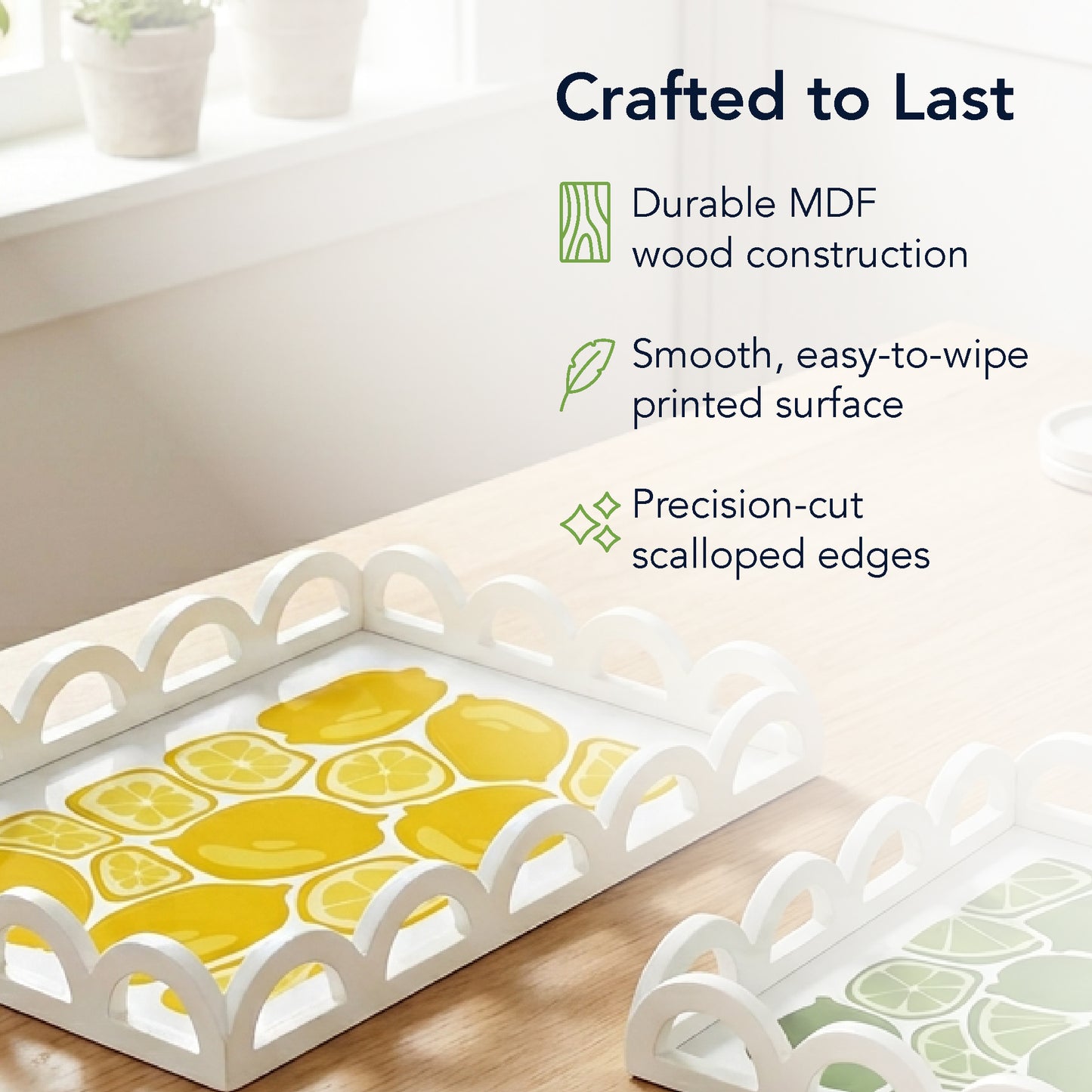 2-piece scalloped rectangle serving tray set with lemon and lime citrus print, decorative MDF trays for kitchen counter, coffee table, bathroom vanity, and desk organization
