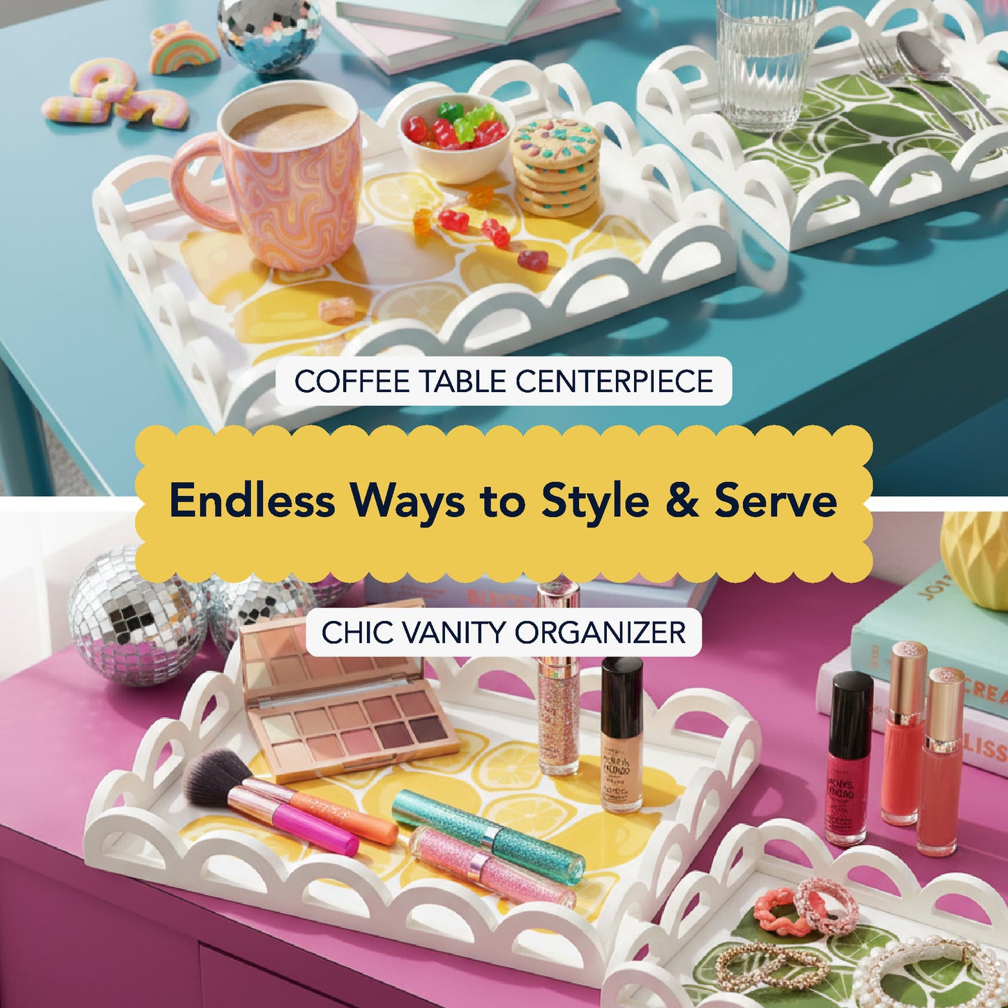 2-piece scalloped rectangle serving tray set with lemon and lime citrus print, decorative MDF trays for kitchen counter, coffee table, bathroom vanity, and desk organization