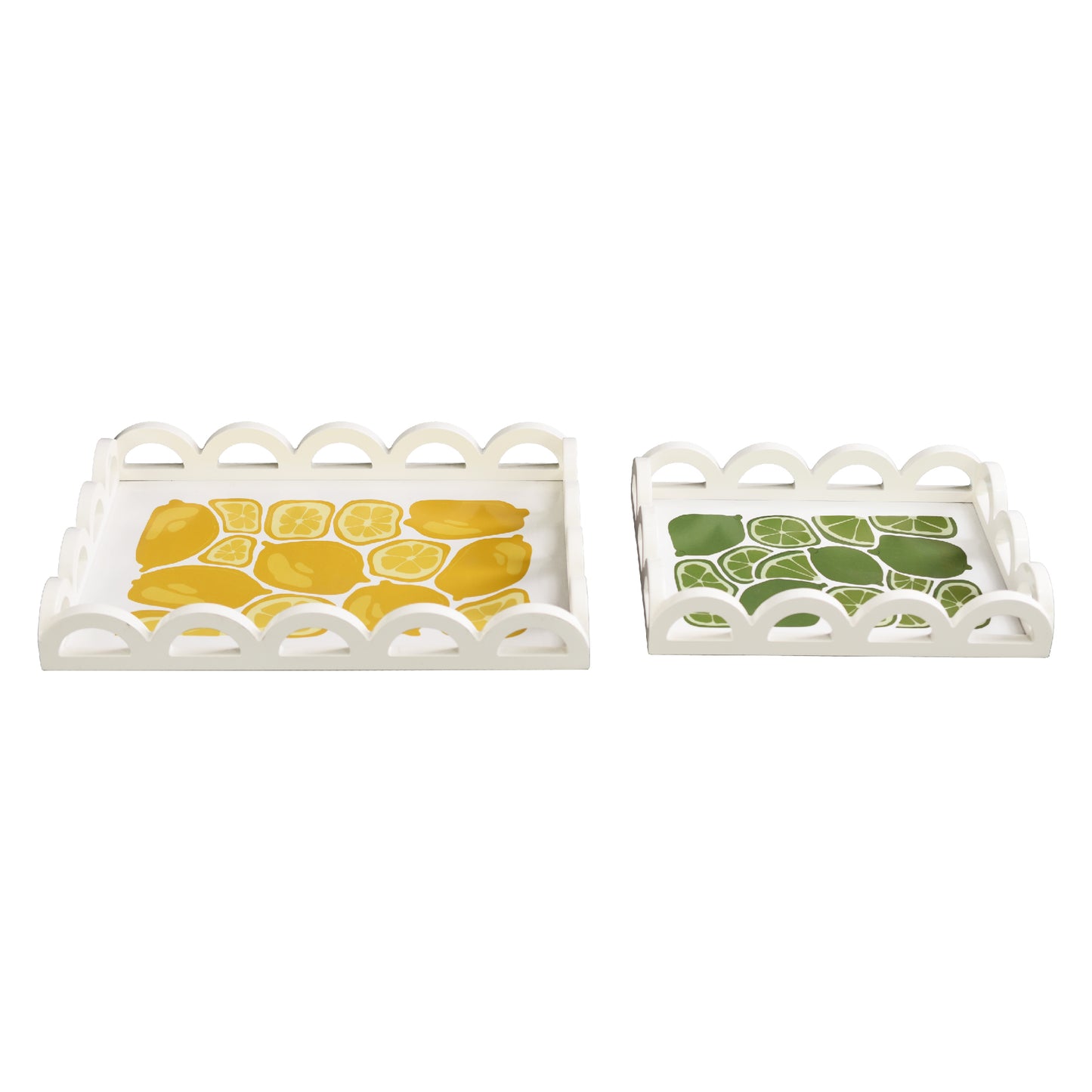 2-piece scalloped rectangle serving tray set with lemon and lime citrus print, decorative MDF trays for kitchen counter, coffee table, bathroom vanity, and desk organization