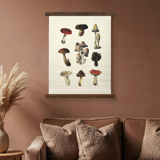 Boho Mushroom Linen Tapestry - Botanical Wall Hanging Art