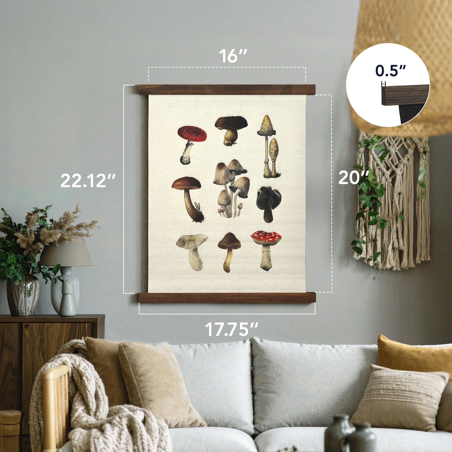 Boho Mushroom Linen Tapestry - Botanical Wall Hanging Art