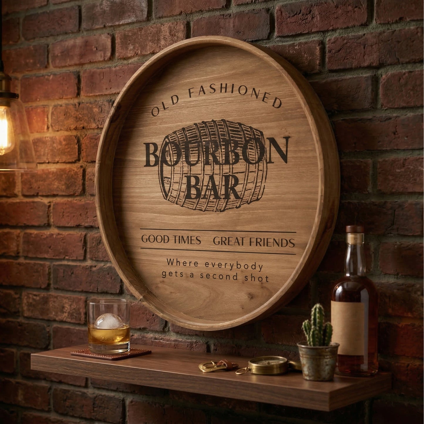 round bourbon bar framed plaque wall decor with vintage barrel design, rustic wall sign for man cave, home bar, kitchen, or game room
