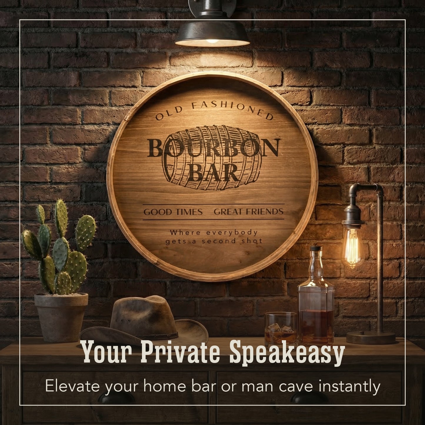 round bourbon bar framed plaque wall decor with vintage barrel design, rustic wall sign for man cave, home bar, kitchen, or game room