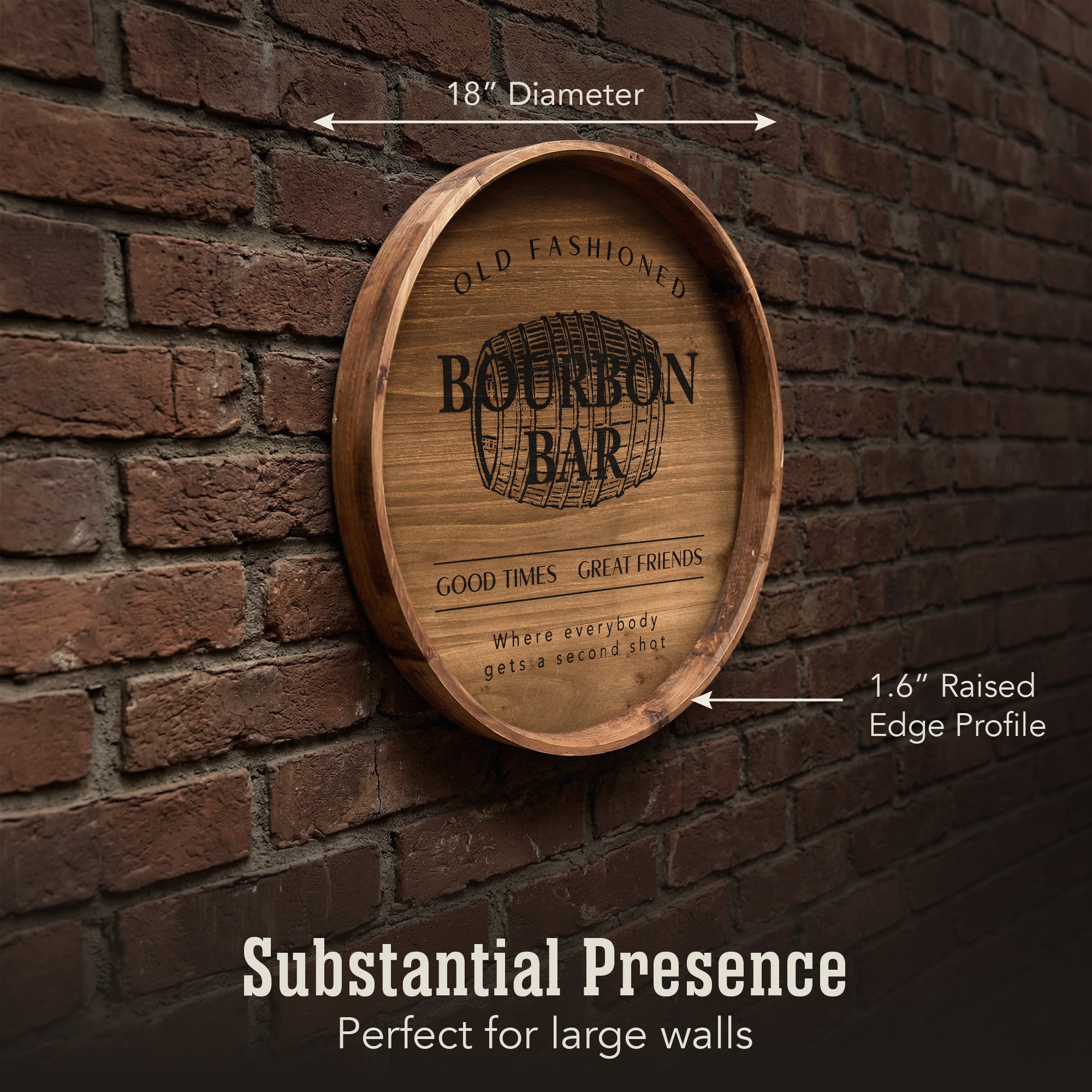 round bourbon bar framed plaque wall decor with vintage barrel design, rustic wall sign for man cave, home bar, kitchen, or game room