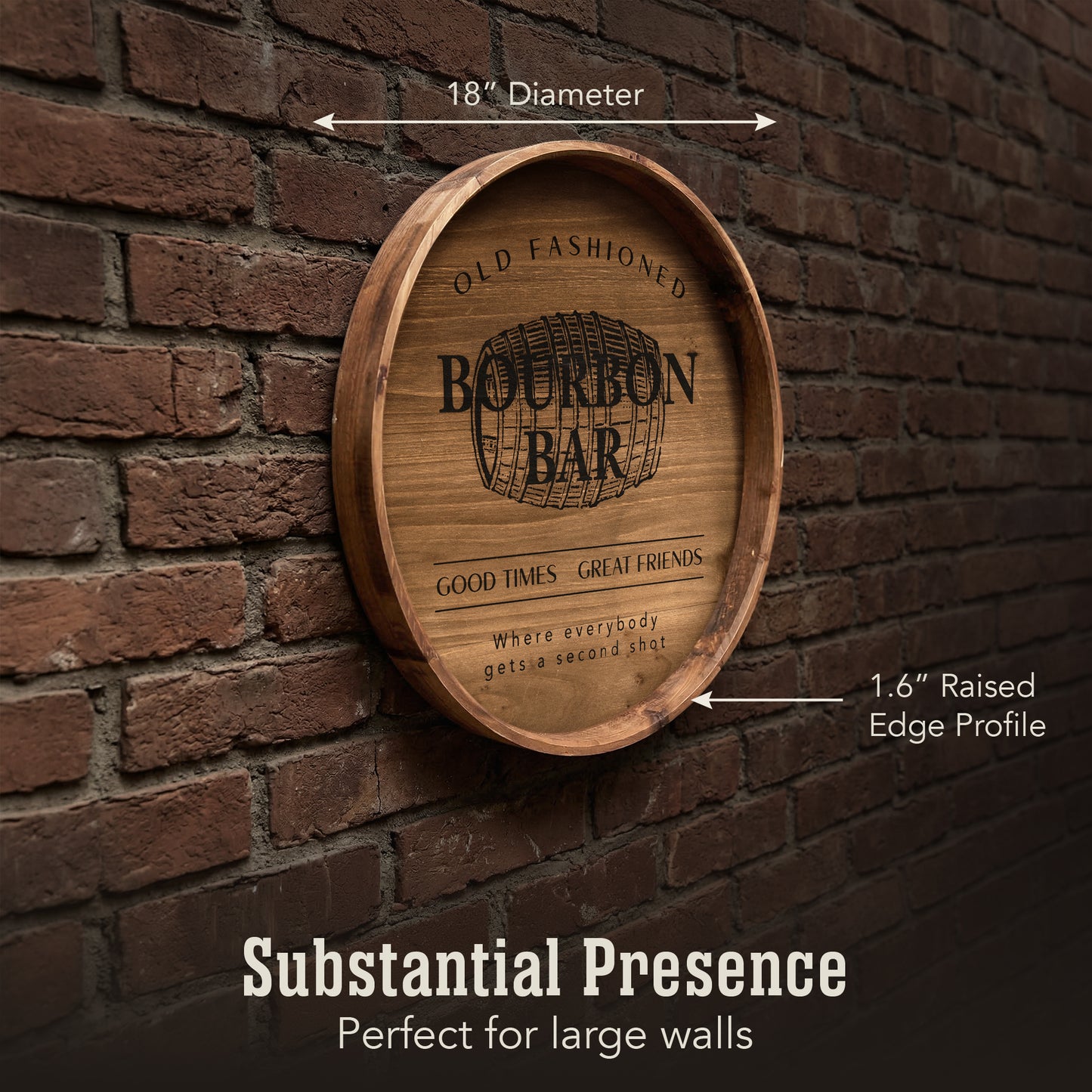 round bourbon bar framed plaque wall decor with vintage barrel design, rustic wall sign for man cave, home bar, kitchen, or game room