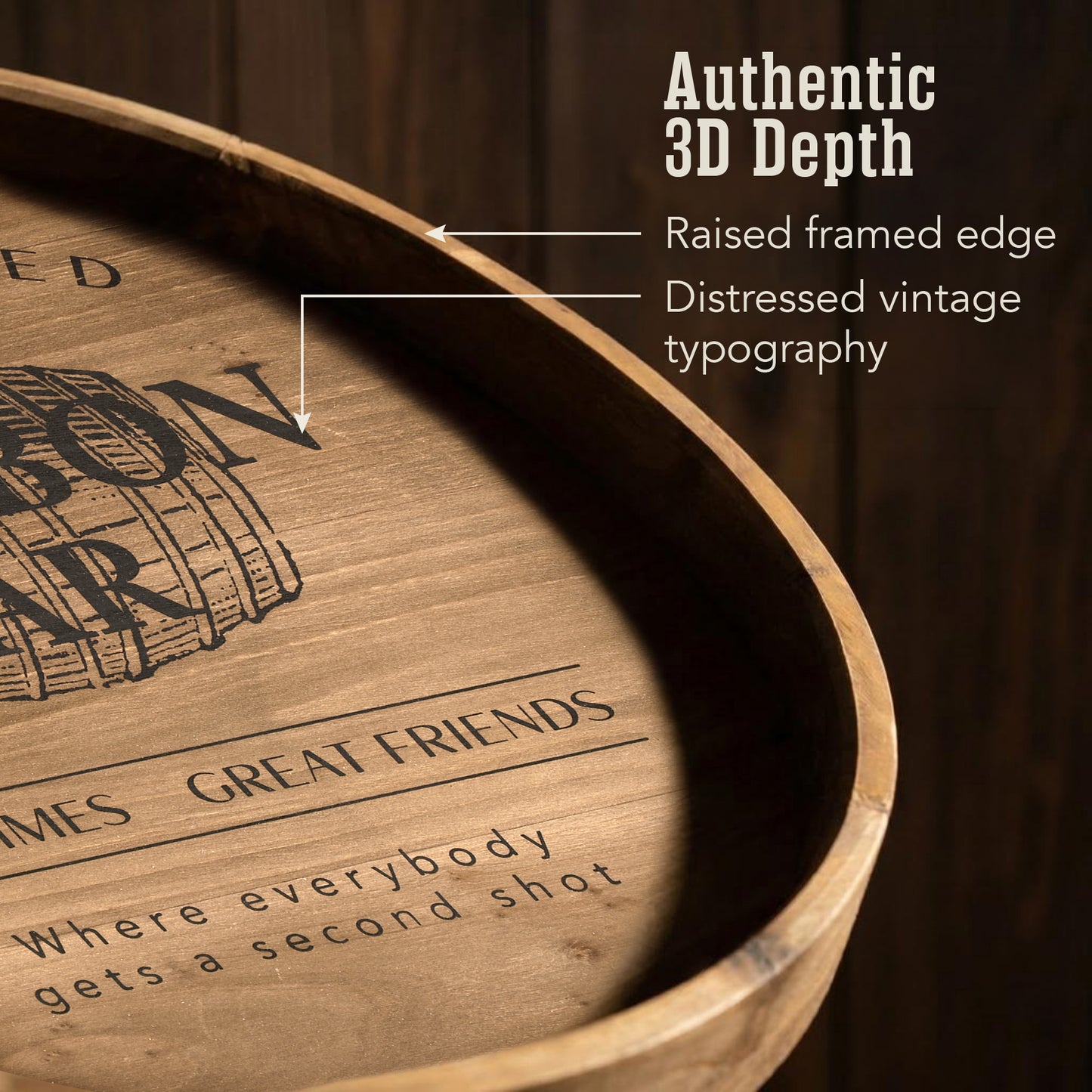 round bourbon bar framed plaque wall decor with vintage barrel design, rustic wall sign for man cave, home bar, kitchen, or game room