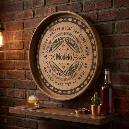 round cerveza beer barrel style framed plaque wall decor with vintage typography, rustic bar sign for home bar, man cave, or garage