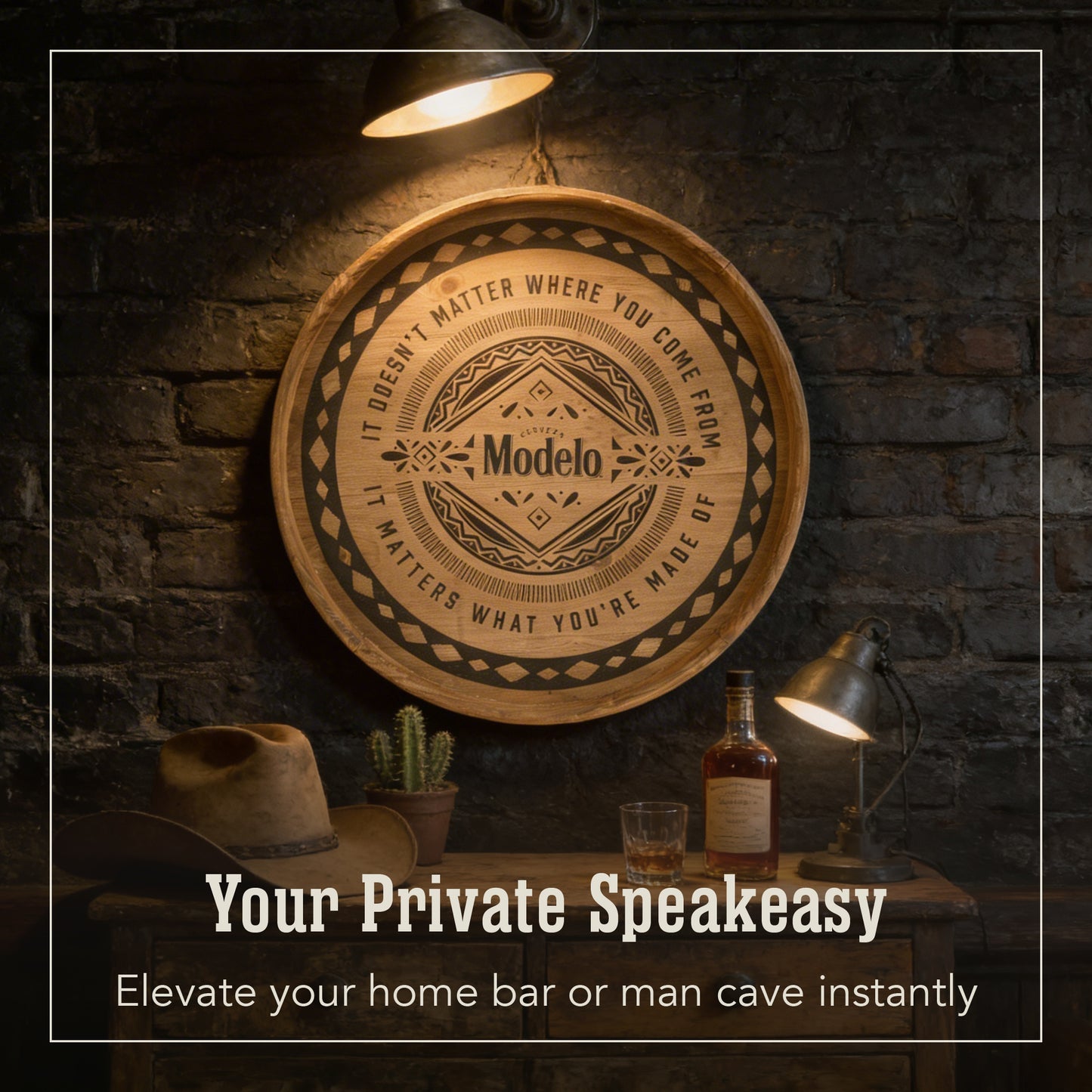 round cerveza beer barrel style framed plaque wall decor with vintage typography, rustic bar sign for home bar, man cave, or garage