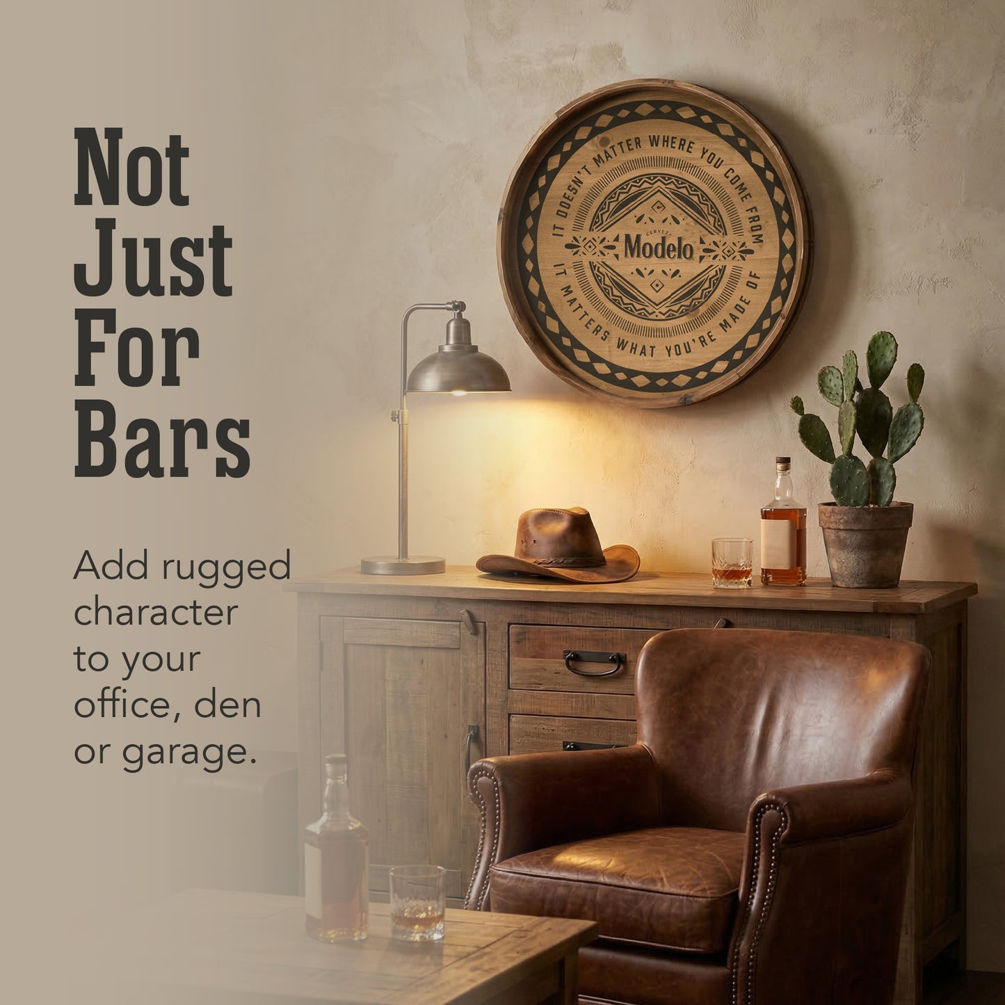 round cerveza beer barrel style framed plaque wall decor with vintage typography, rustic bar sign for home bar, man cave, or garage