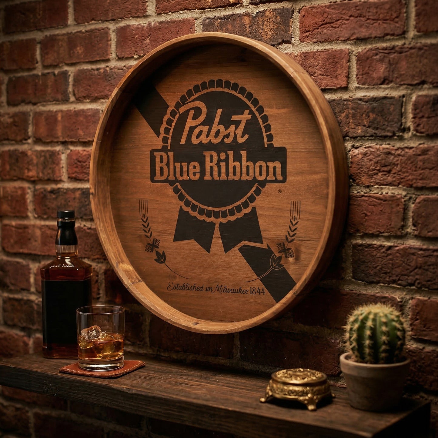 round pabst blue ribbon inspired beer barrel plaque wall decor with vintage typography, rustic bar wall sign for man cave or home bar
