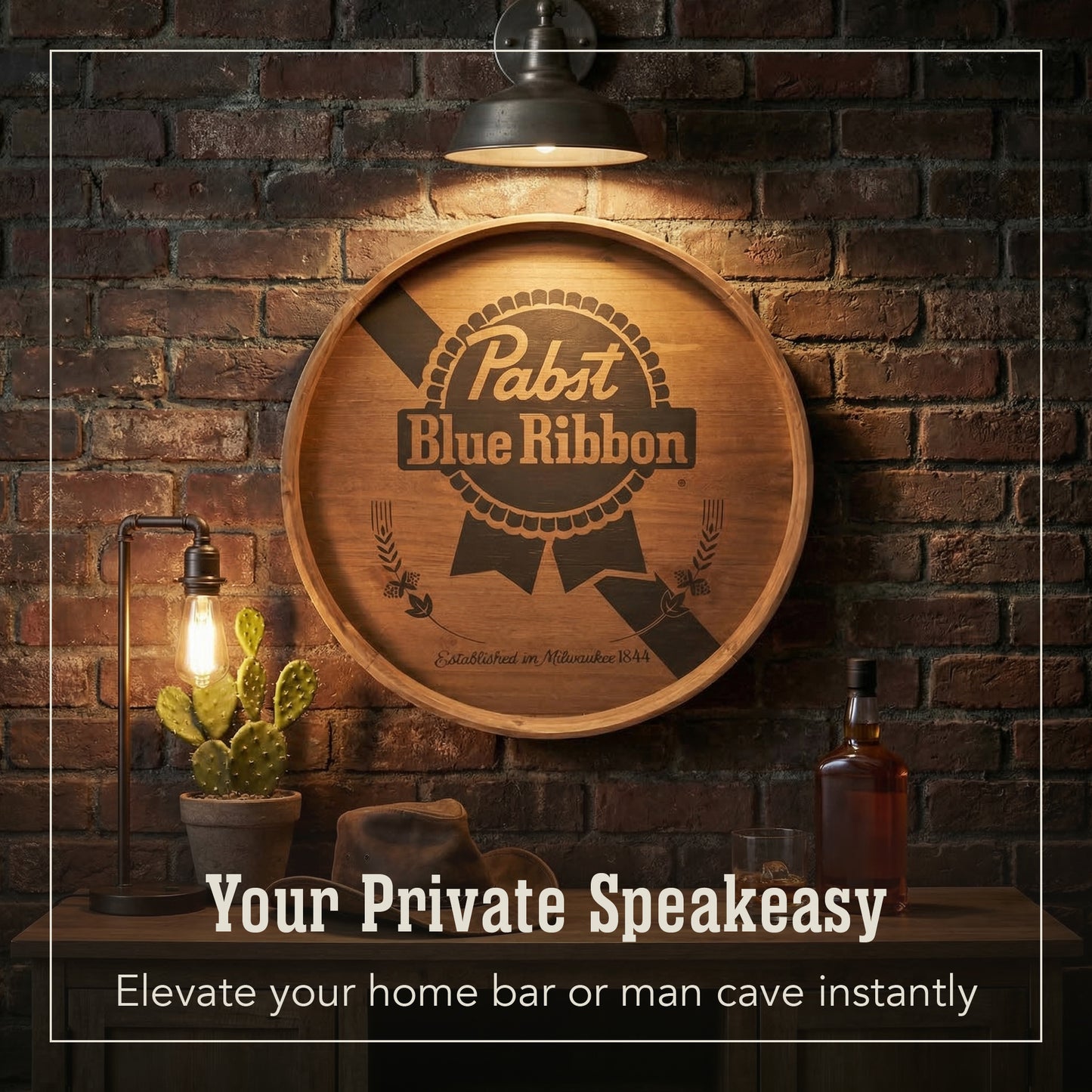 round pabst blue ribbon inspired beer barrel plaque wall decor with vintage typography, rustic bar wall sign for man cave or home bar