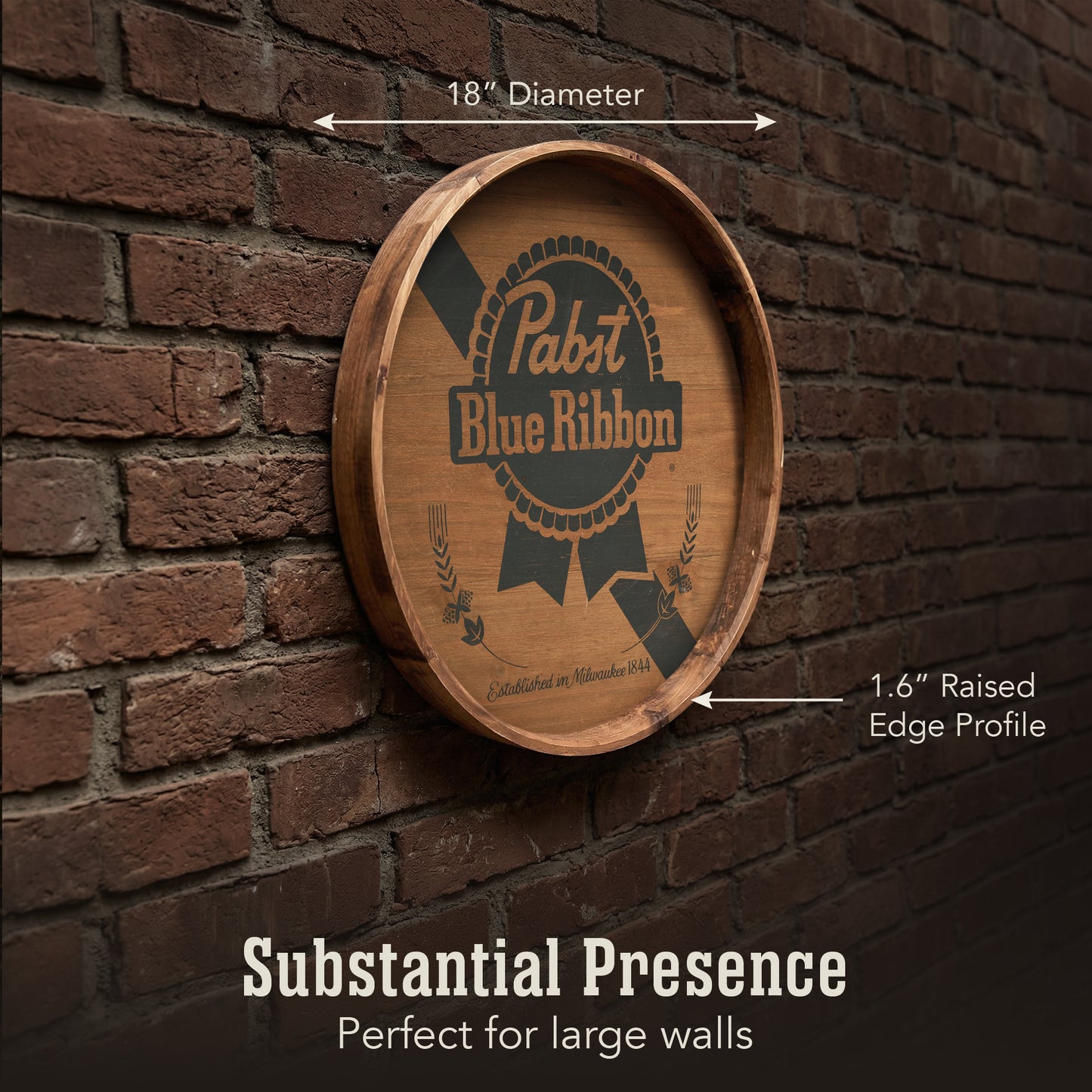 round pabst blue ribbon inspired beer barrel plaque wall decor with vintage typography, rustic bar wall sign for man cave or home bar