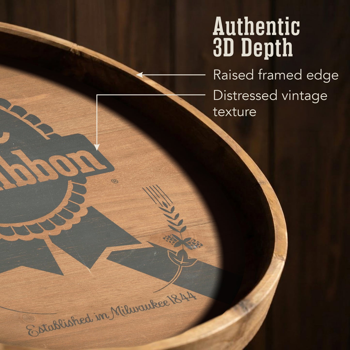 round pabst blue ribbon inspired beer barrel plaque wall decor with vintage typography, rustic bar wall sign for man cave or home bar