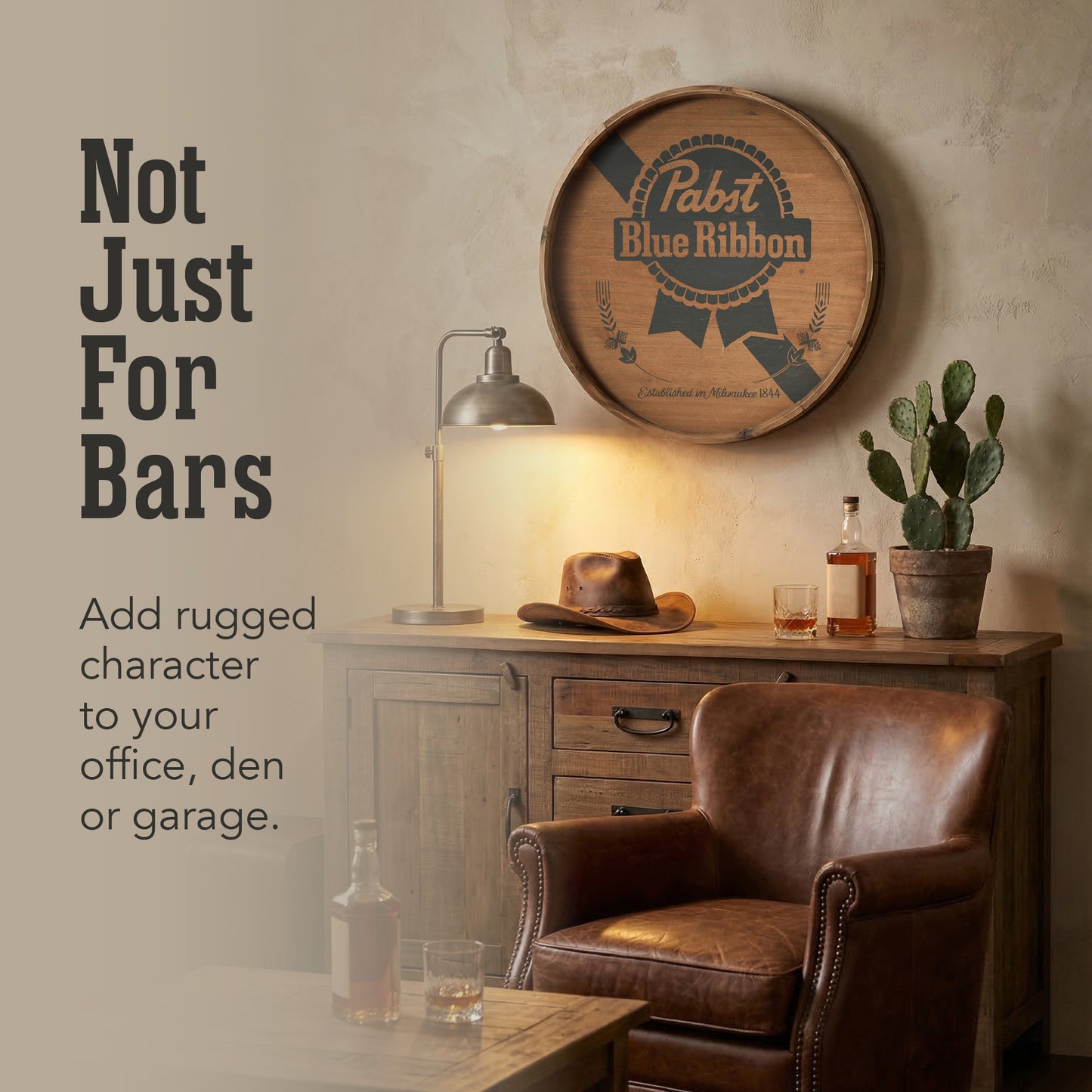 round pabst blue ribbon inspired beer barrel plaque wall decor with vintage typography, rustic bar wall sign for man cave or home bar