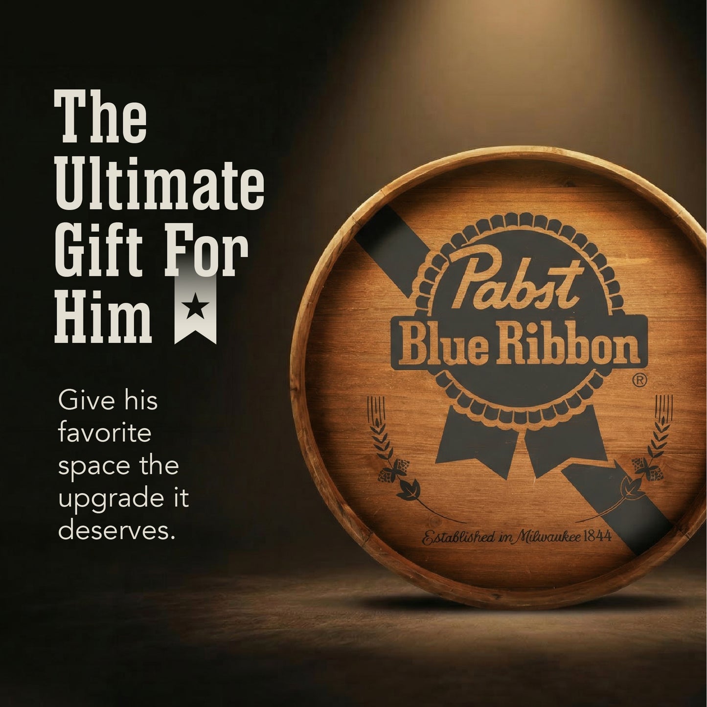 round pabst blue ribbon inspired beer barrel plaque wall decor with vintage typography, rustic bar wall sign for man cave or home bar