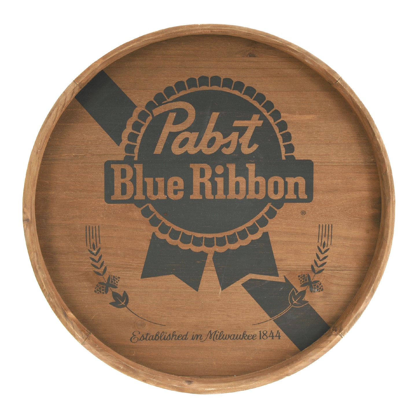 round pabst blue ribbon inspired beer barrel plaque wall decor with vintage typography, rustic bar wall sign for man cave or home bar