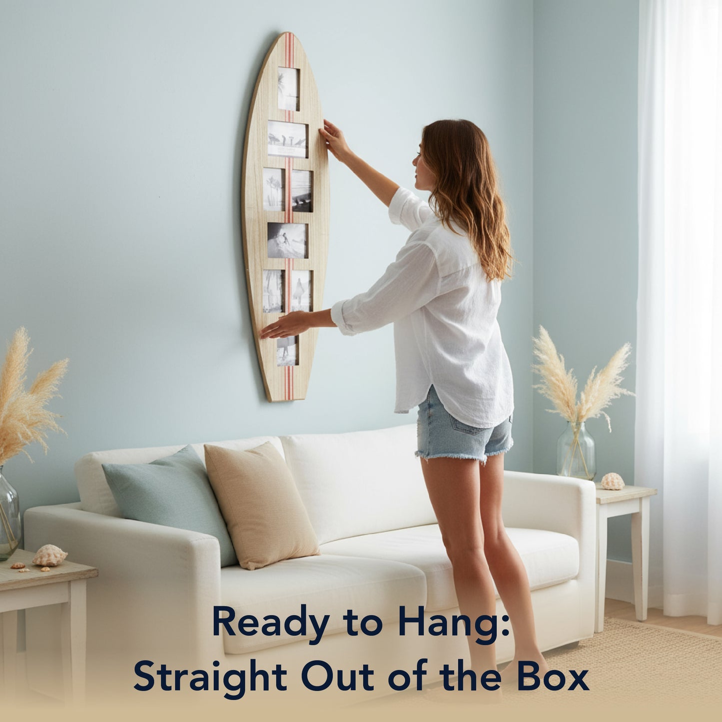 Surfboard Photo Collage Wall Decor - 8-Photo Beach Frame Natural/Red Stripe