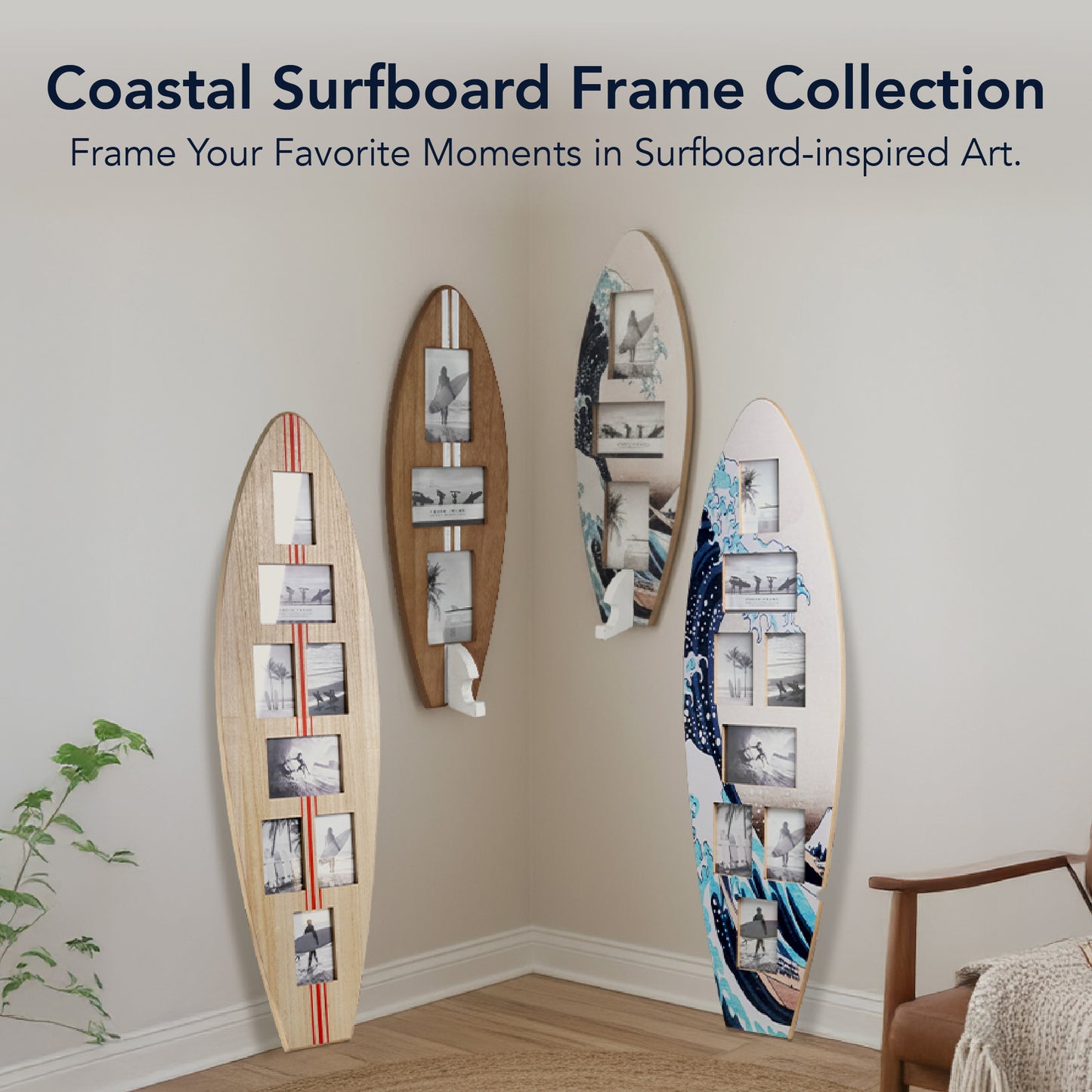 Surfboard Photo Collage Wall Decor - 8-Photo Beach Frame Natural/Red Stripe