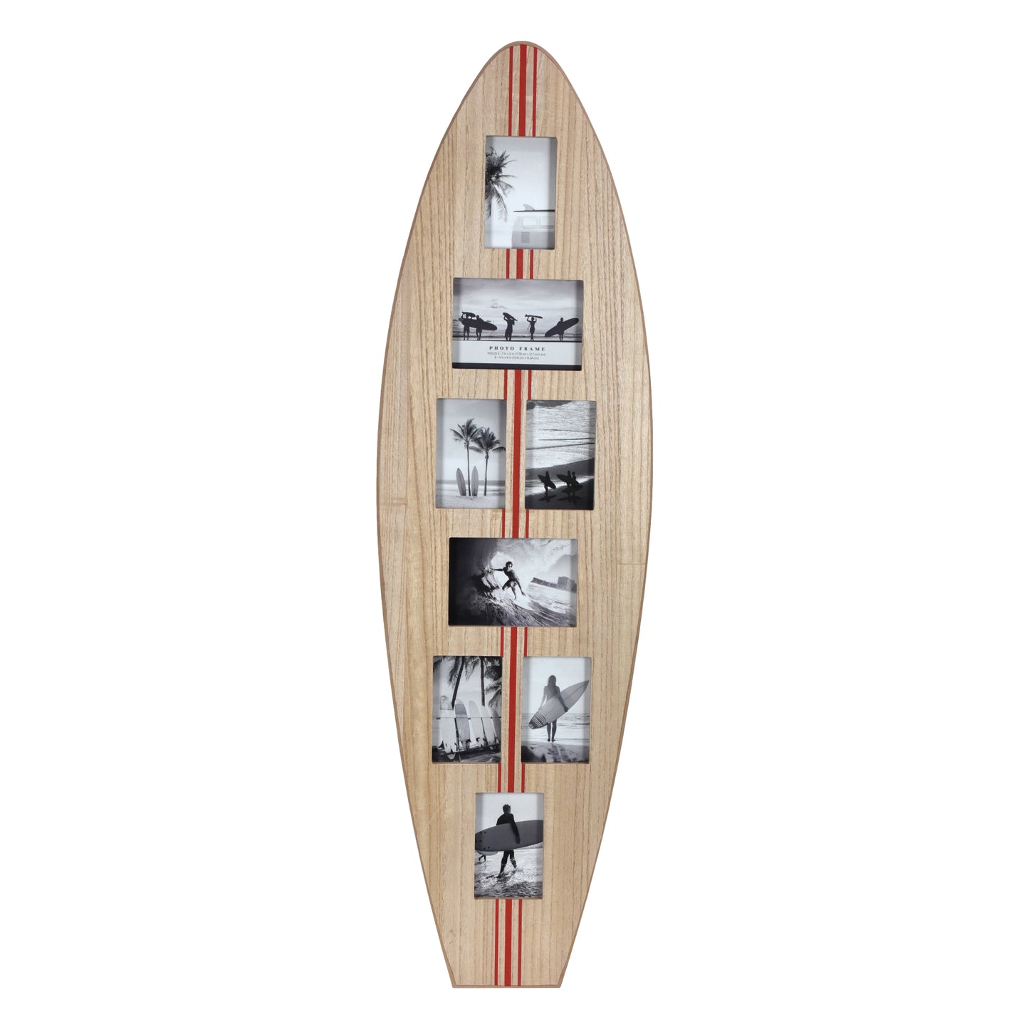 Surfboard Photo Collage Wall Decor - 8-Photo Beach Frame Natural/Red Stripe