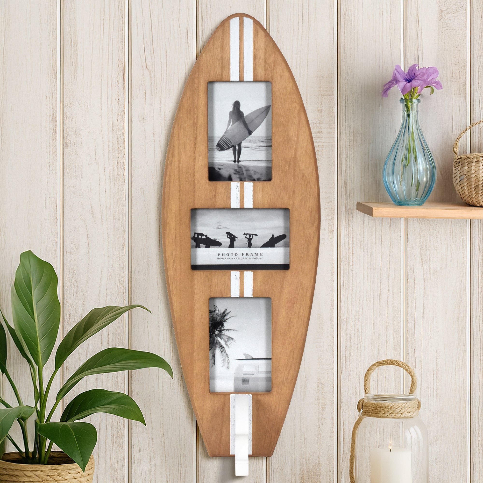 Surfboard Photo Collage Wall Decor - Holds 3 Photos, Wood/White, 25