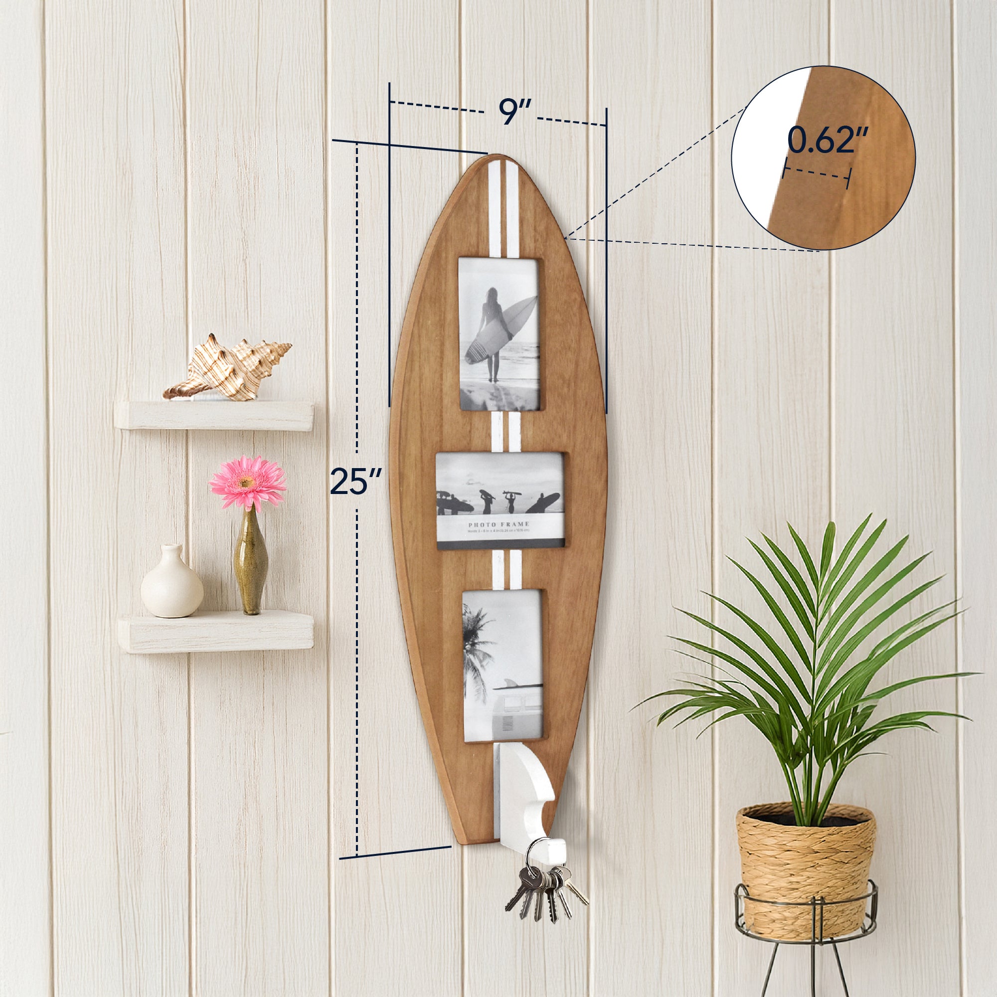 Surfboard Photo Collage Wall Decor - Holds 3 Photos, Wood/White, 25