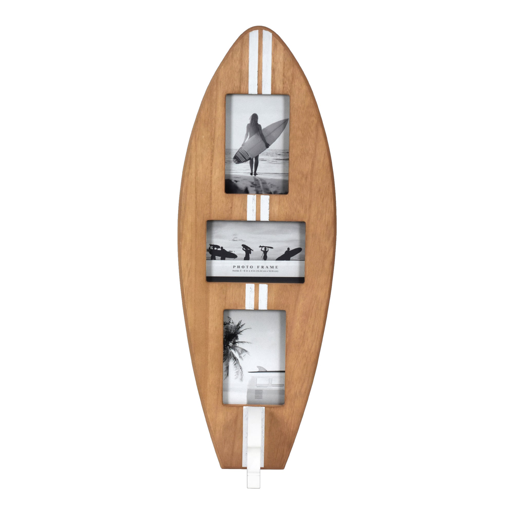 Surfboard Photo Collage Wall Decor - Holds 3 Photos, Wood/White, 25
