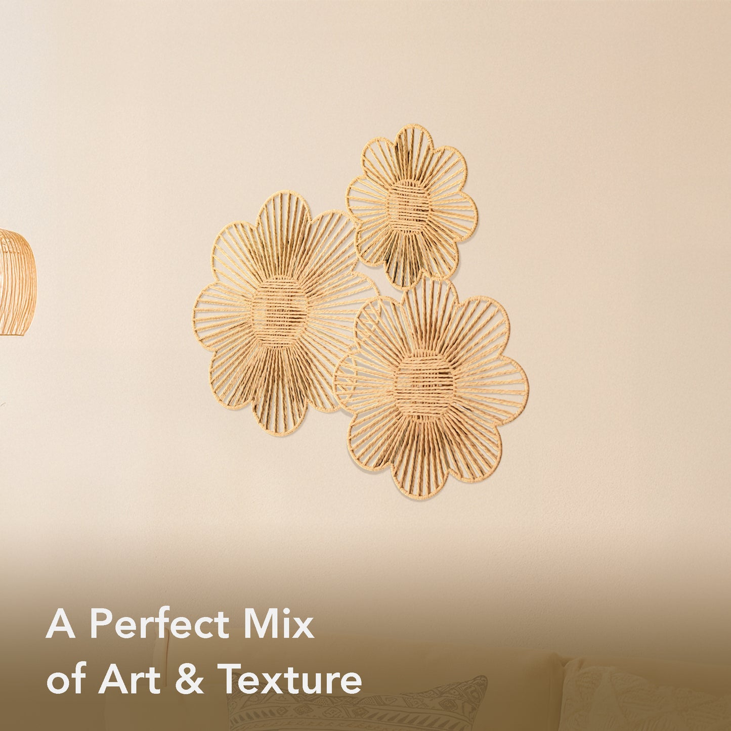 Floral Paper Rope Wall Decor Set of 3 Natural - Boho Wall Art, Farmhouse Basket Style