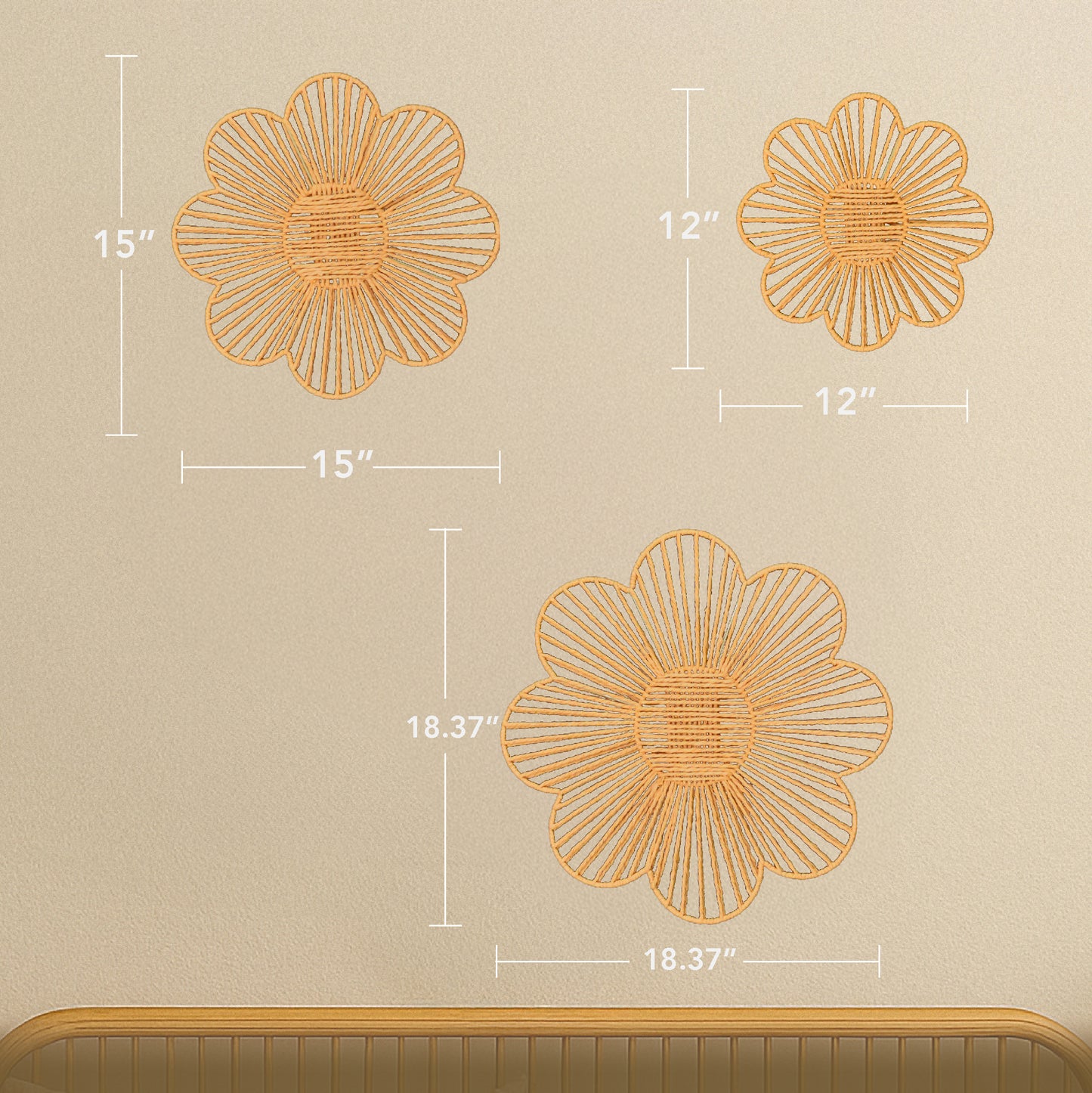 Floral Paper Rope Wall Decor Set of 3 Natural - Boho Wall Art, Farmhouse Basket Style