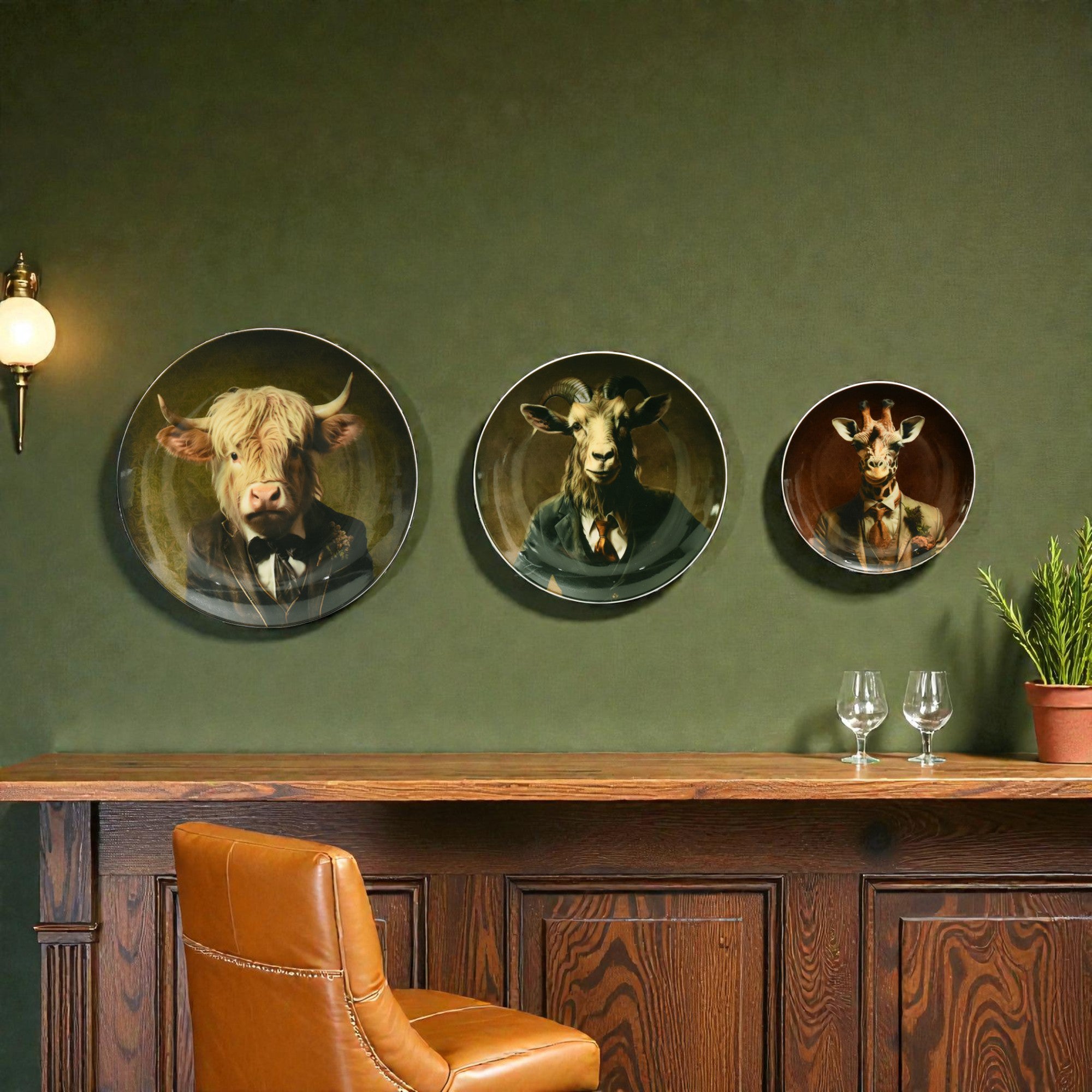 Farm Animal Ceramic Wall Plate - Cow Goat Giraffe Decor Set of 3, rugged wall shelf tan, decor for men man cave fathers gifts dad gifts mens den home spaces, showing a bold masculine design suited for a classic man cave