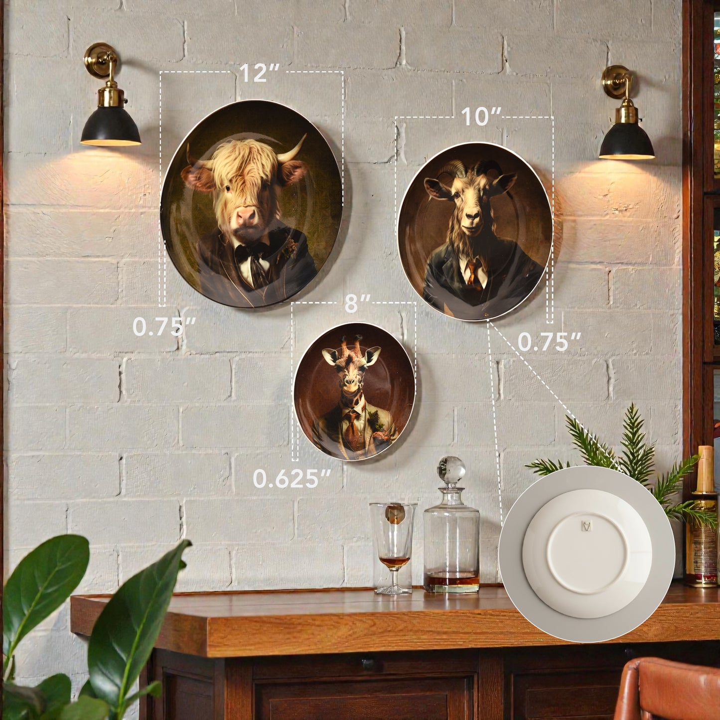 Farm Animal Ceramic Wall Plate - Cow Goat Giraffe Decor Set of 3