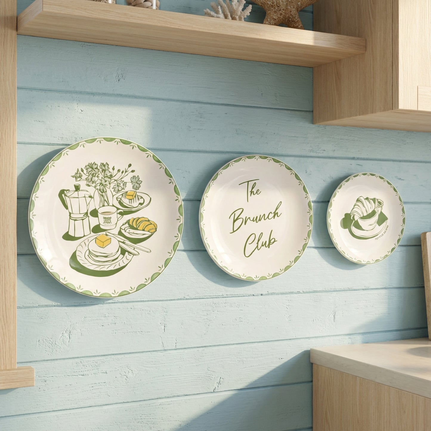 Brunch Club Green & White Ceramic Wall Plate Set of 3