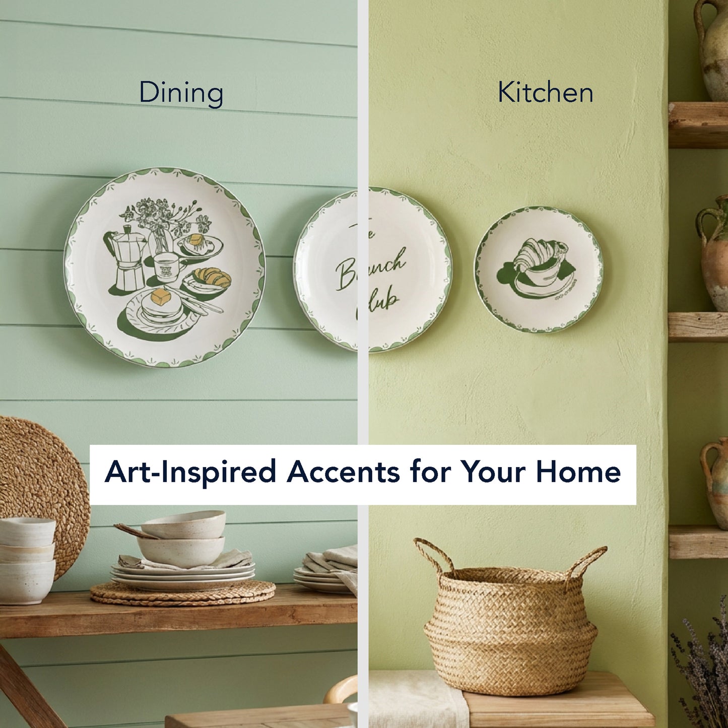 Brunch Club Green & White Ceramic Wall Plate Set of 3