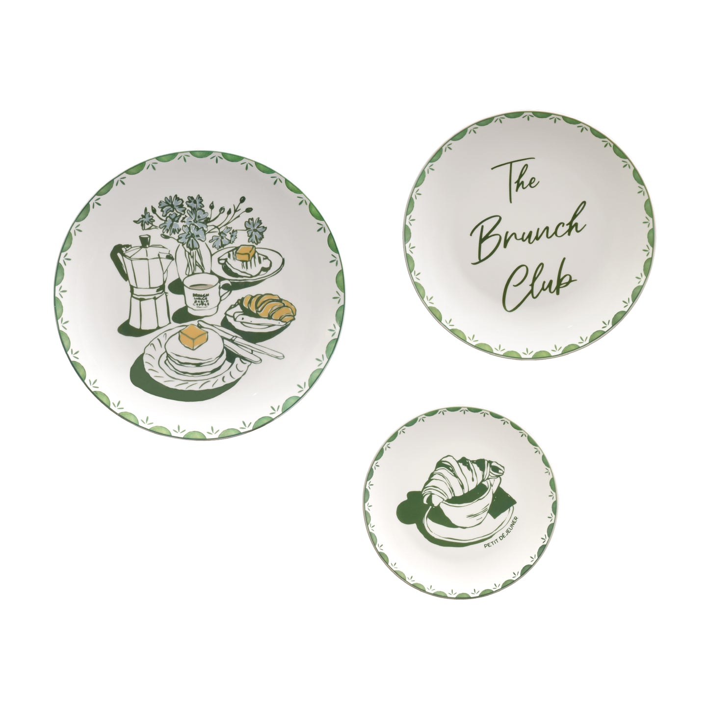 Brunch Club Green & White Ceramic Wall Plate Set of 3