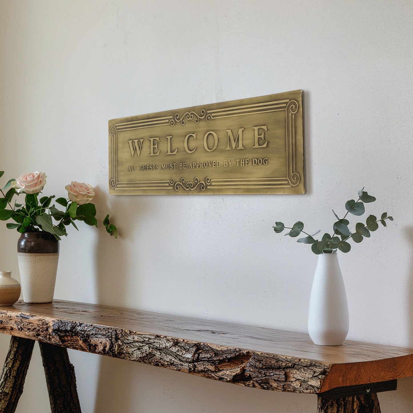 Welcome Embossed Gold Metal Wall Decor - Funny Dog Sign - 9" x 30"