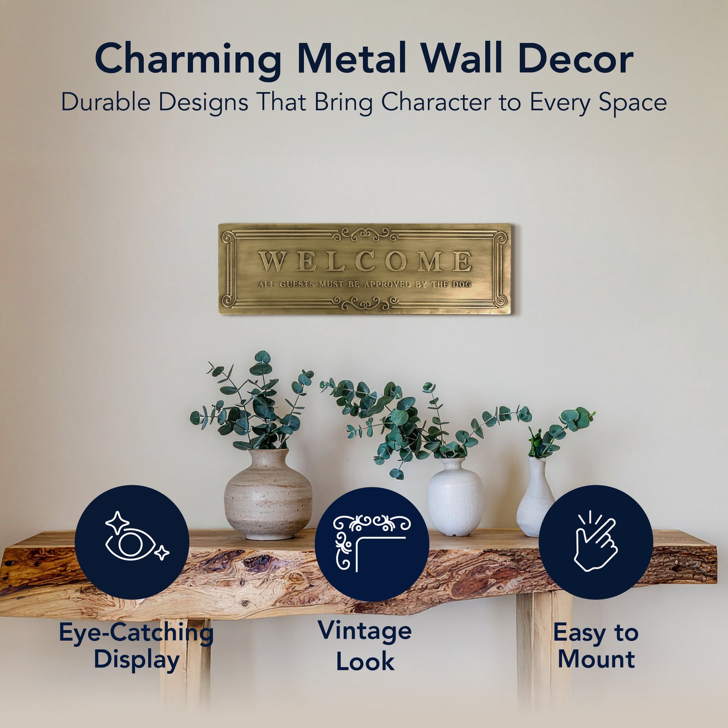 Welcome Embossed Gold Metal Wall Decor - Funny Dog Sign - 9" x 30"