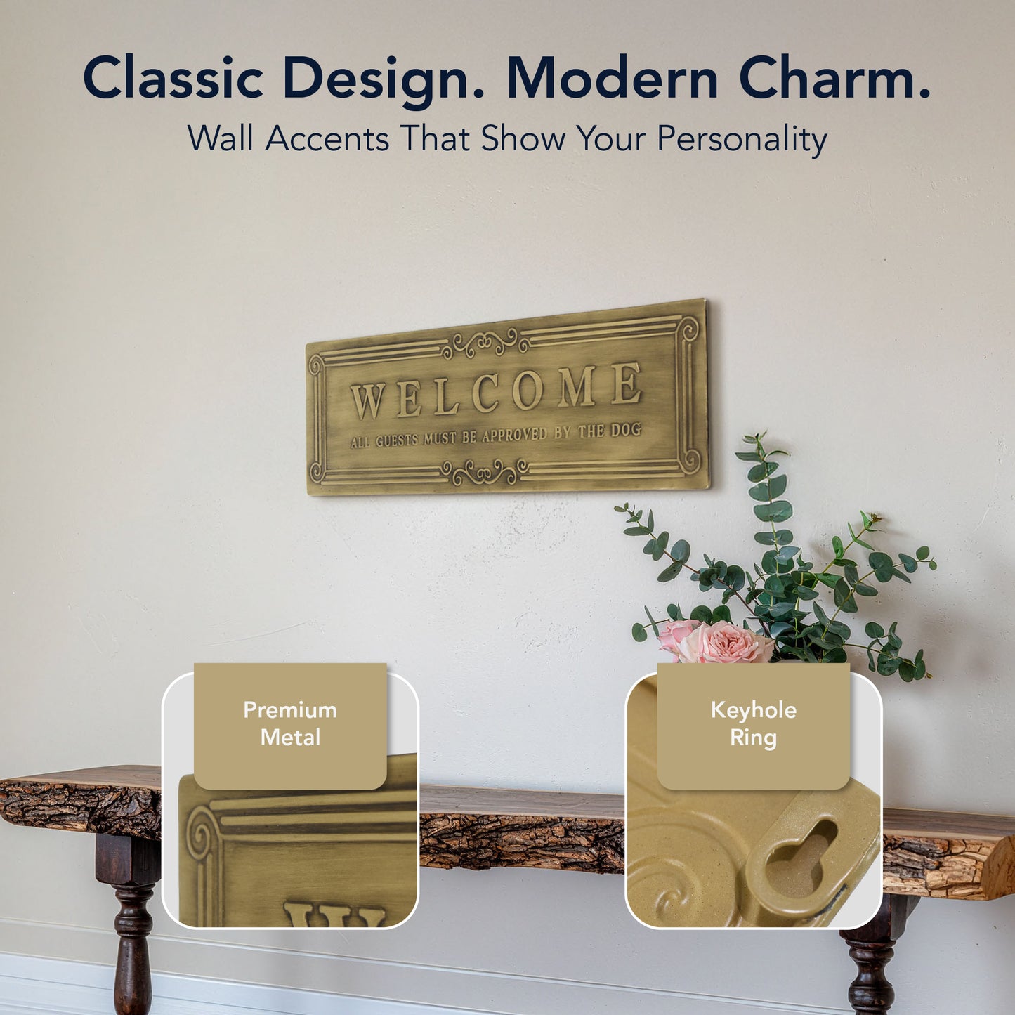 Welcome Embossed Gold Metal Wall Decor - Funny Dog Sign - 9" x 30"