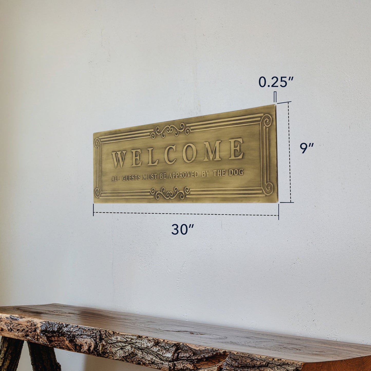 Welcome Embossed Gold Metal Wall Decor - Funny Dog Sign - 9" x 30"