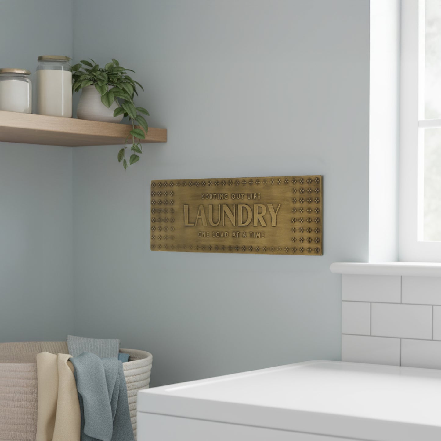 Rustic Antique Brass Laundry Room Metal Sign - Embossed Wall Decor