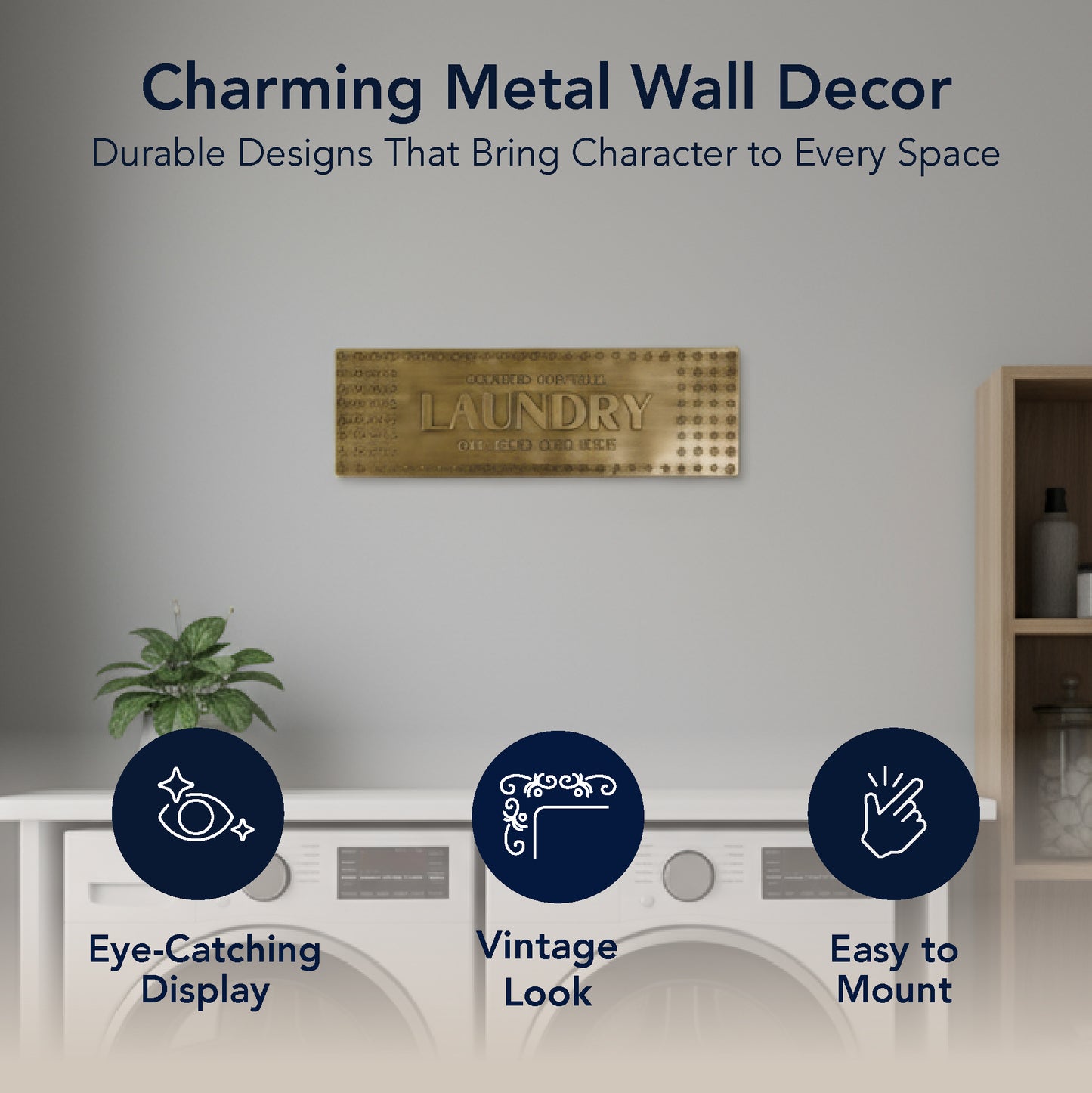 Rustic Antique Brass Laundry Room Metal Sign - Embossed Wall Decor