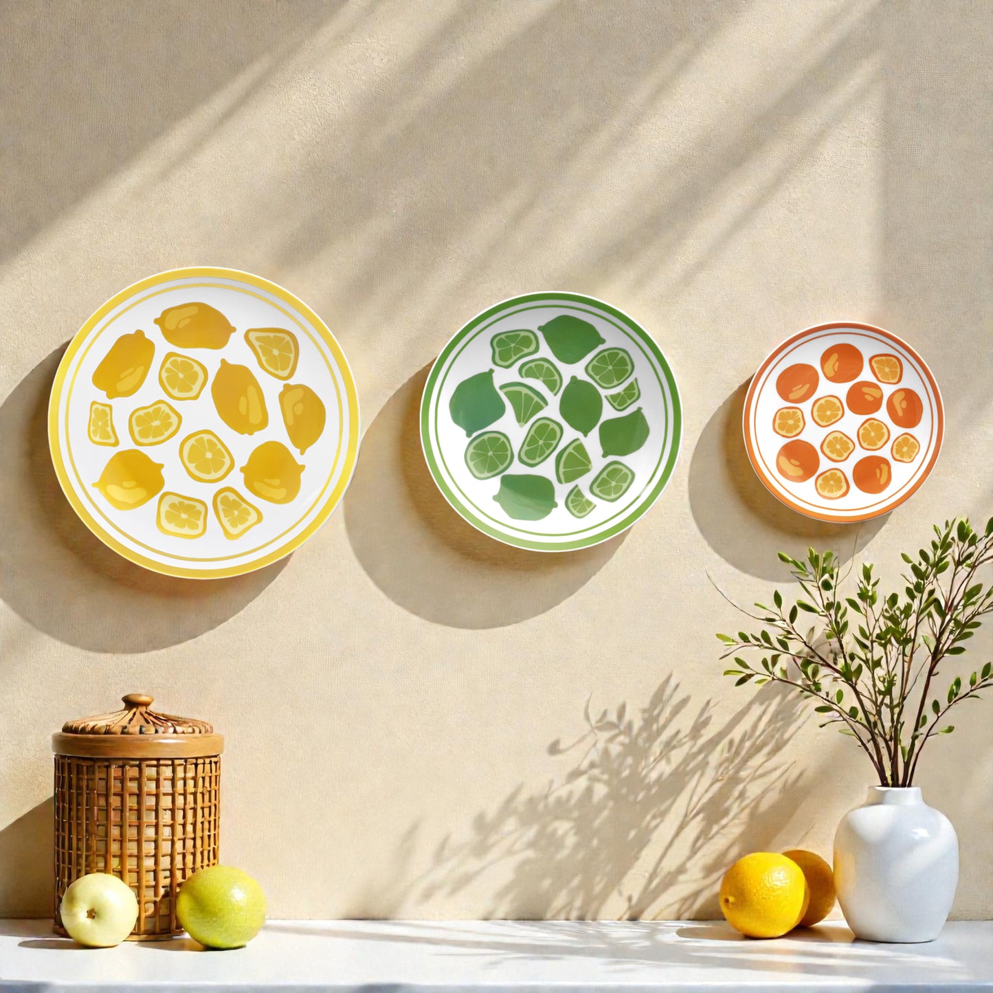 Fruit Wall Plate Ceramic Lemon Lime Orange Kitchen Decor Set of 3