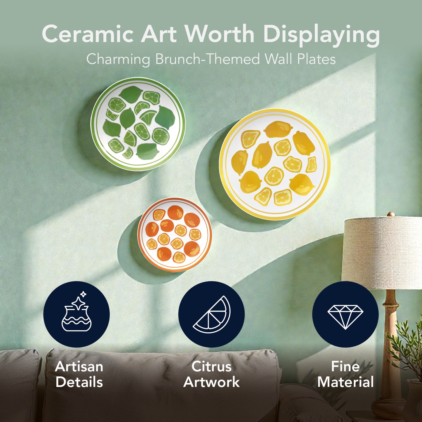 Fruit Wall Plate Ceramic Lemon Lime Orange Kitchen Decor Set of 3