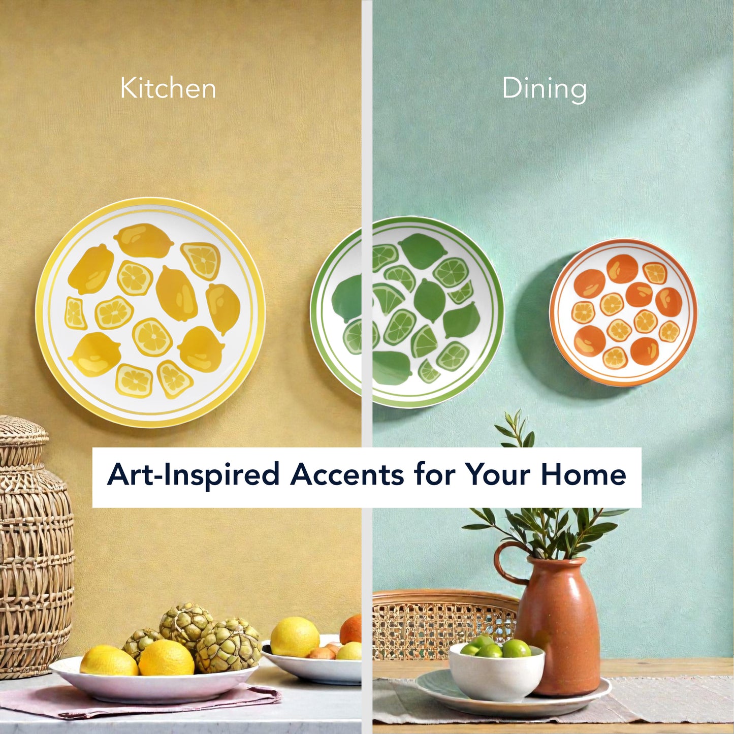 Fruit Wall Plate Ceramic Lemon Lime Orange Kitchen Decor Set of 3