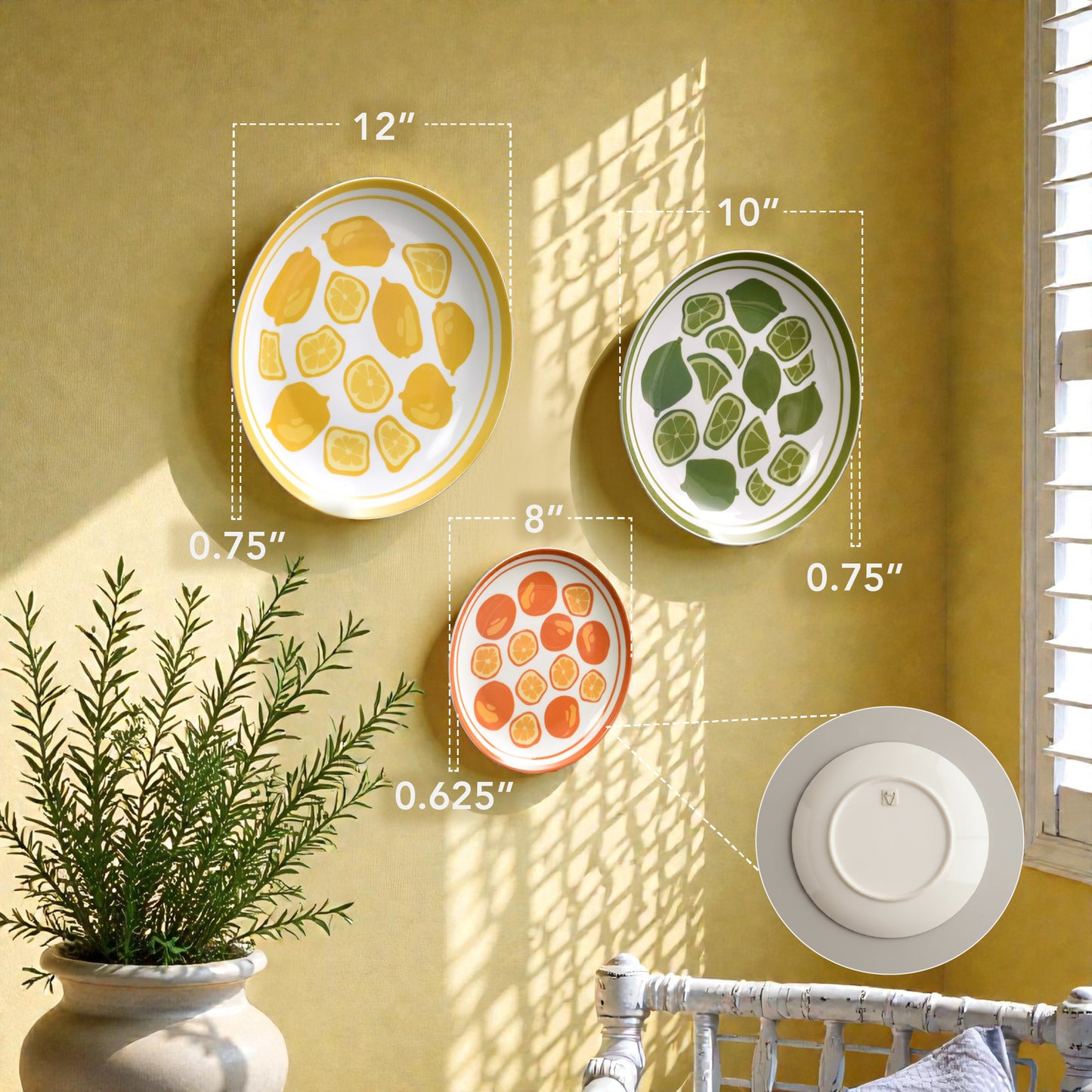 Fruit Wall Plate Ceramic Lemon Lime Orange Kitchen Decor Set of 3