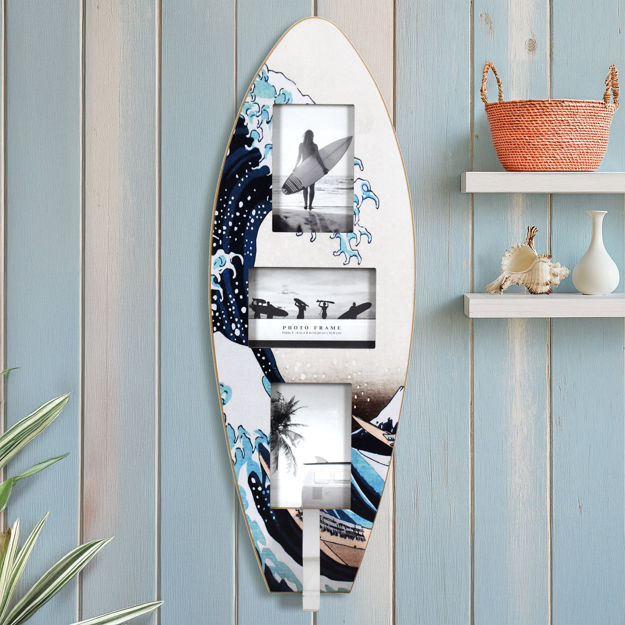 Surfboard Photo Collage Wall Decor - Holds 3 Photos, Great Wave Off Kanagawa, 25